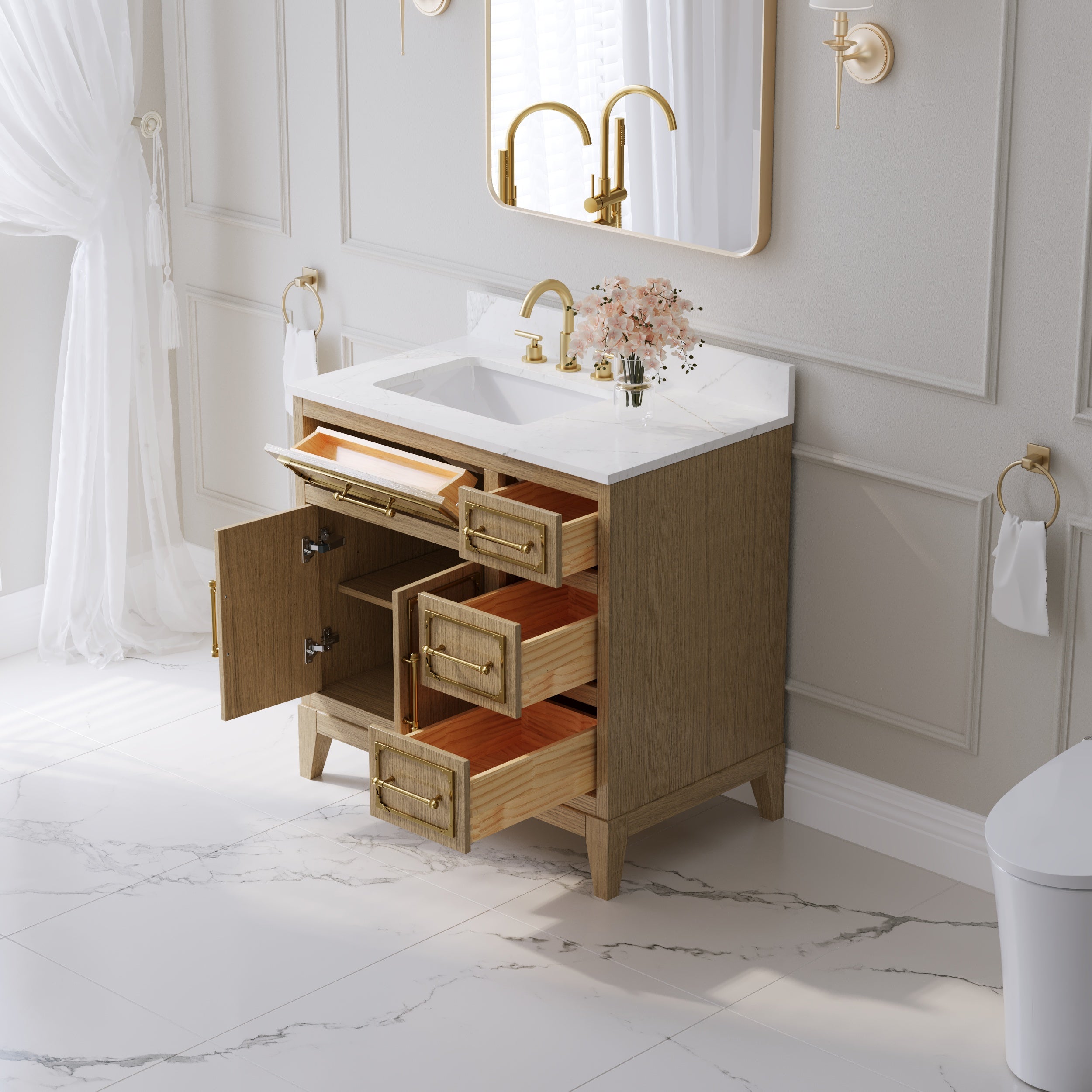 36 Inch Luxury Solid Oak Bathroom Vanity with Calacatta Quartz Countertop & Sink, 3 Soft-Close Drawers and 1 Flip Drawer