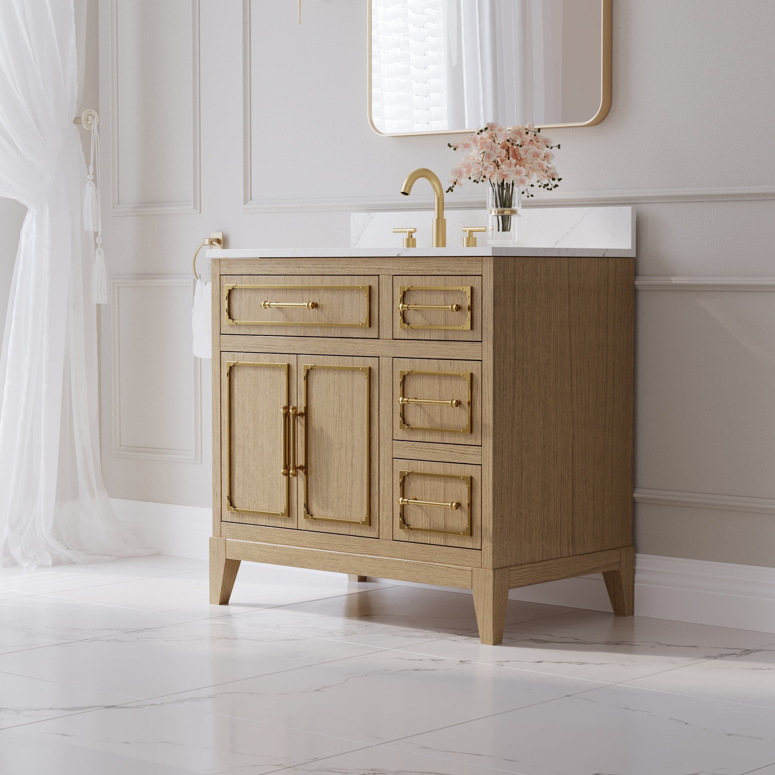36 Inch Luxury Solid Oak Bathroom Vanity with Calacatta Quartz Countertop & Sink, 3 Soft-Close Drawers and 1 Flip Drawer