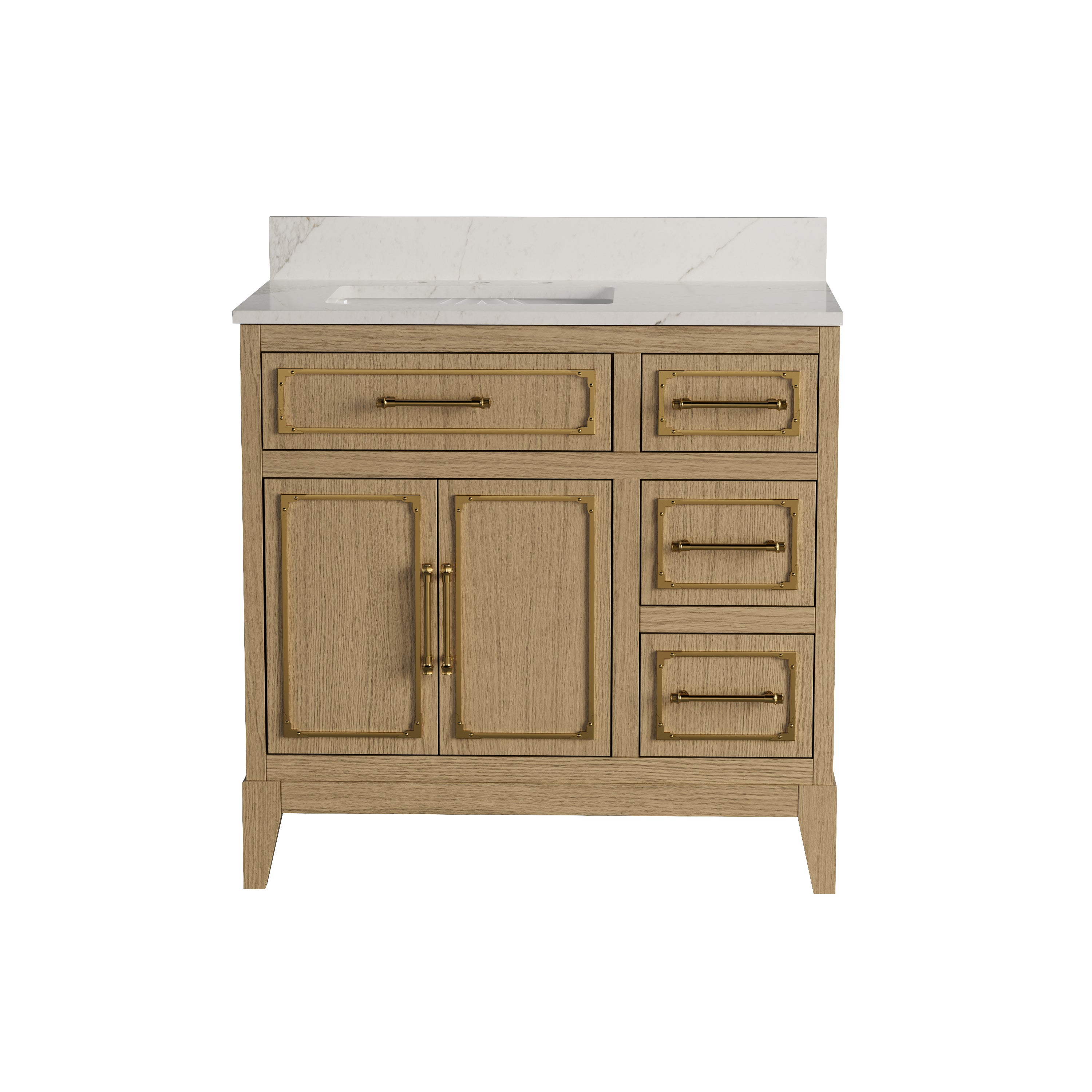 36 Inch Luxury Solid Oak Bathroom Vanity with Calacatta Quartz Countertop & Sink, 3 Soft-Close Drawers and 1 Flip Drawer