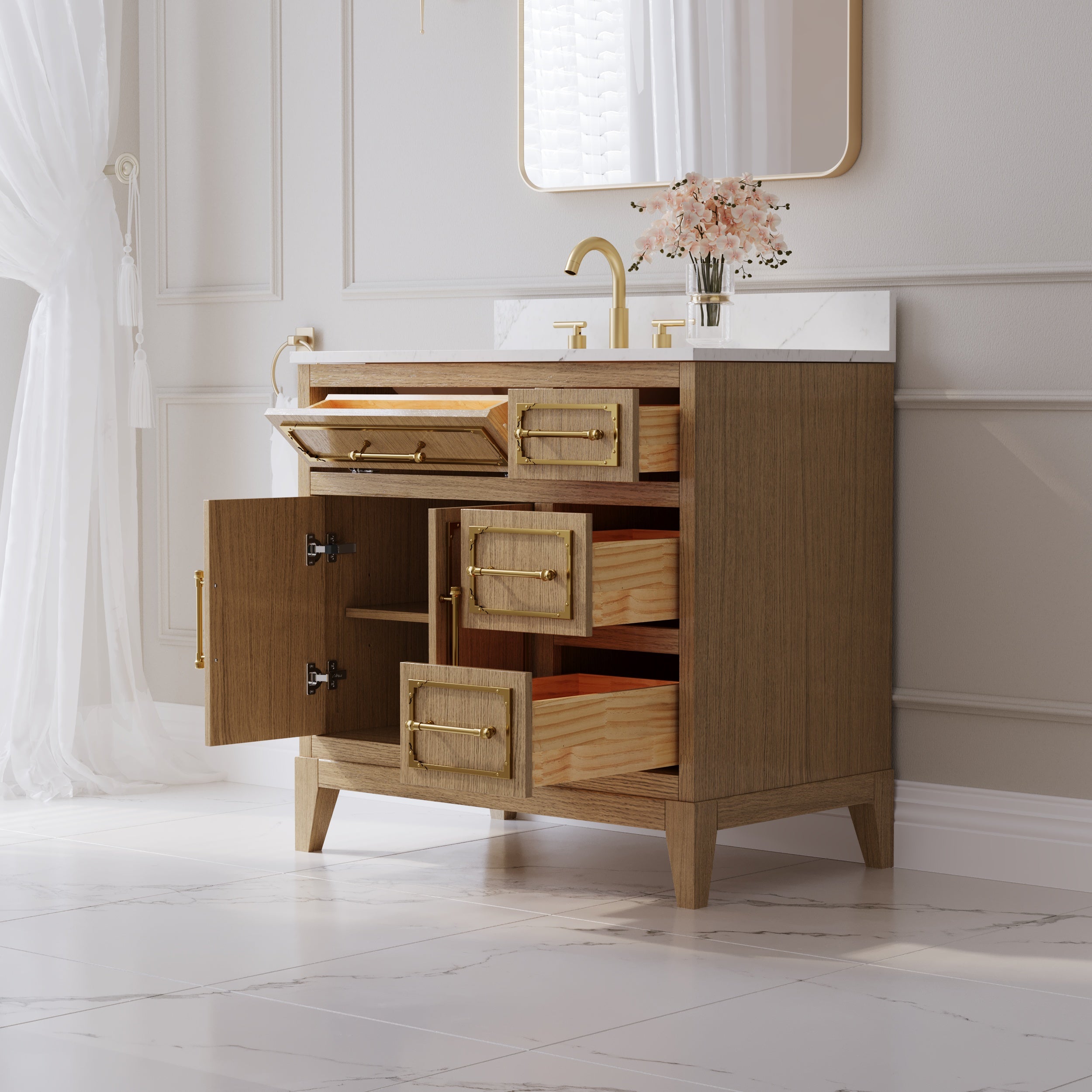 36 Inch Luxury Solid Oak Bathroom Vanity with Calacatta Quartz Countertop & Sink, 3 Soft-Close Drawers and 1 Flip Drawer