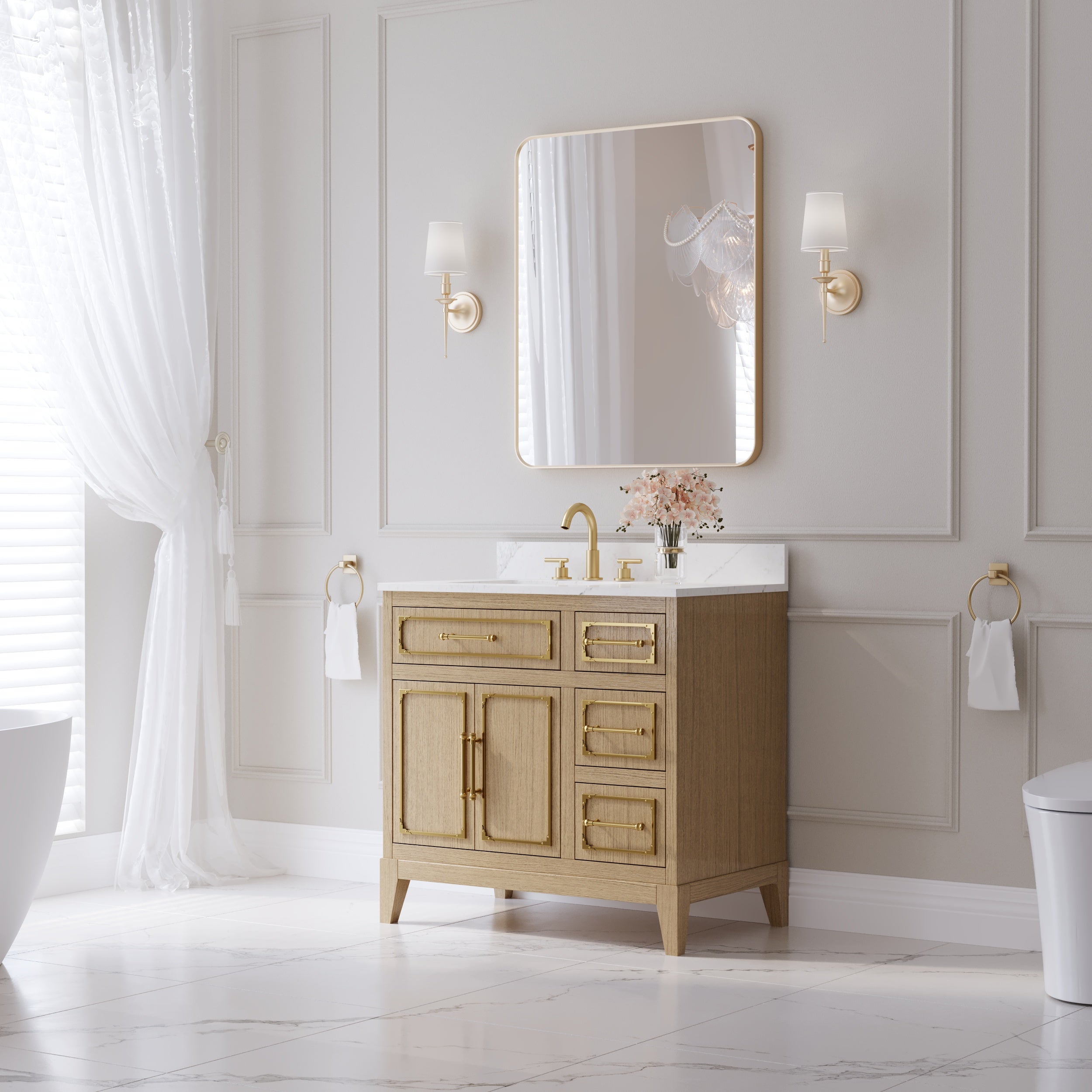 36 Inch Luxury Solid Oak Bathroom Vanity with Calacatta Quartz Countertop & Sink, 3 Soft-Close Drawers and 1 Flip Drawer