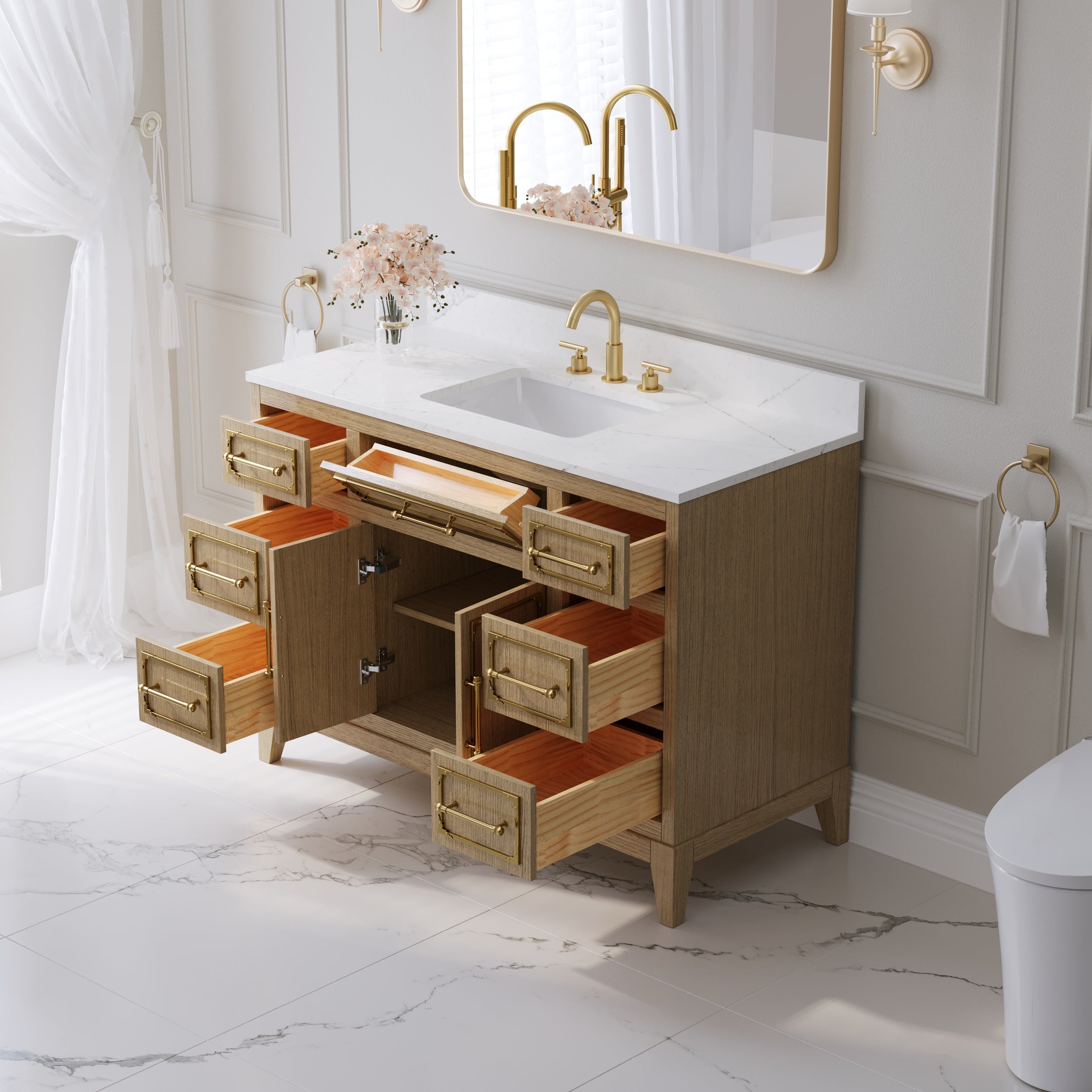 48 Inch Luxury Solid Oak Bathroom Vanity with Calacatta Quartz Countertop & Sink, 6 Soft-Close Drawers and 1 Flip Drawer