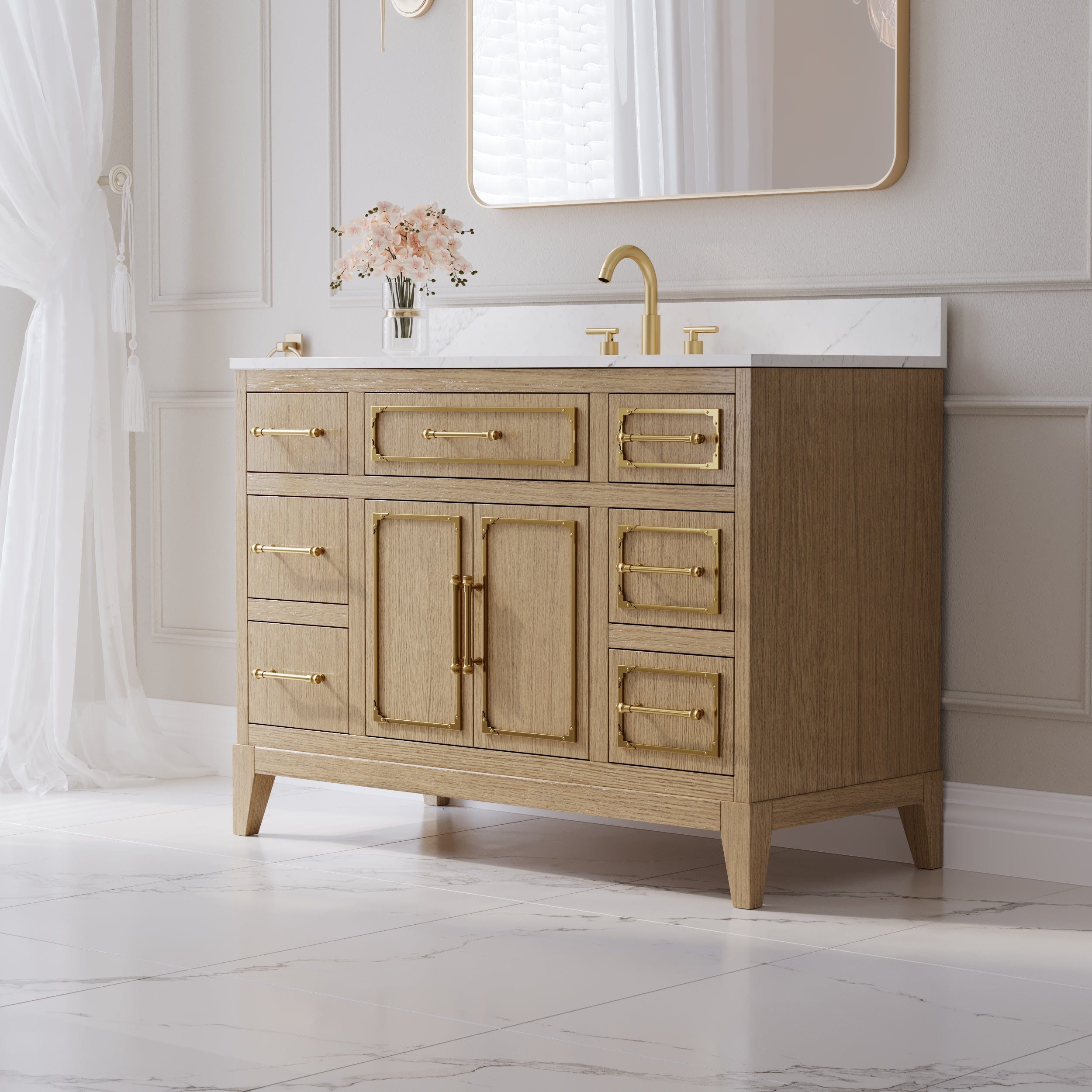 48 Inch Luxury Solid Oak Bathroom Vanity with Calacatta Quartz Countertop & Sink, 6 Soft-Close Drawers and 1 Flip Drawer