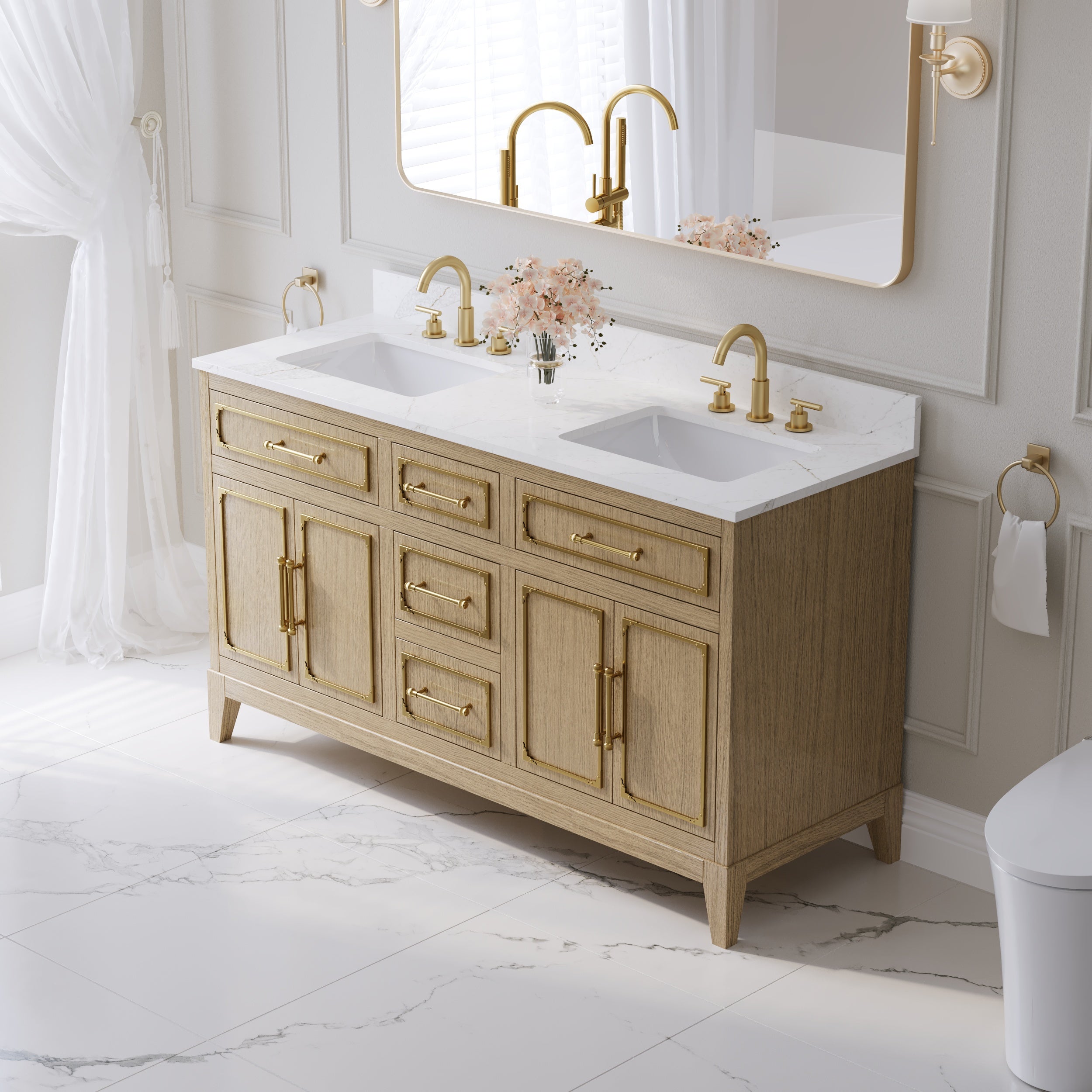 60 Inch Luxury Solid Oak Bathroom Vanity with Calacatta Quartz Countertop & Sinks, 3 Soft-Close Drawers and 2 Flip Drawers