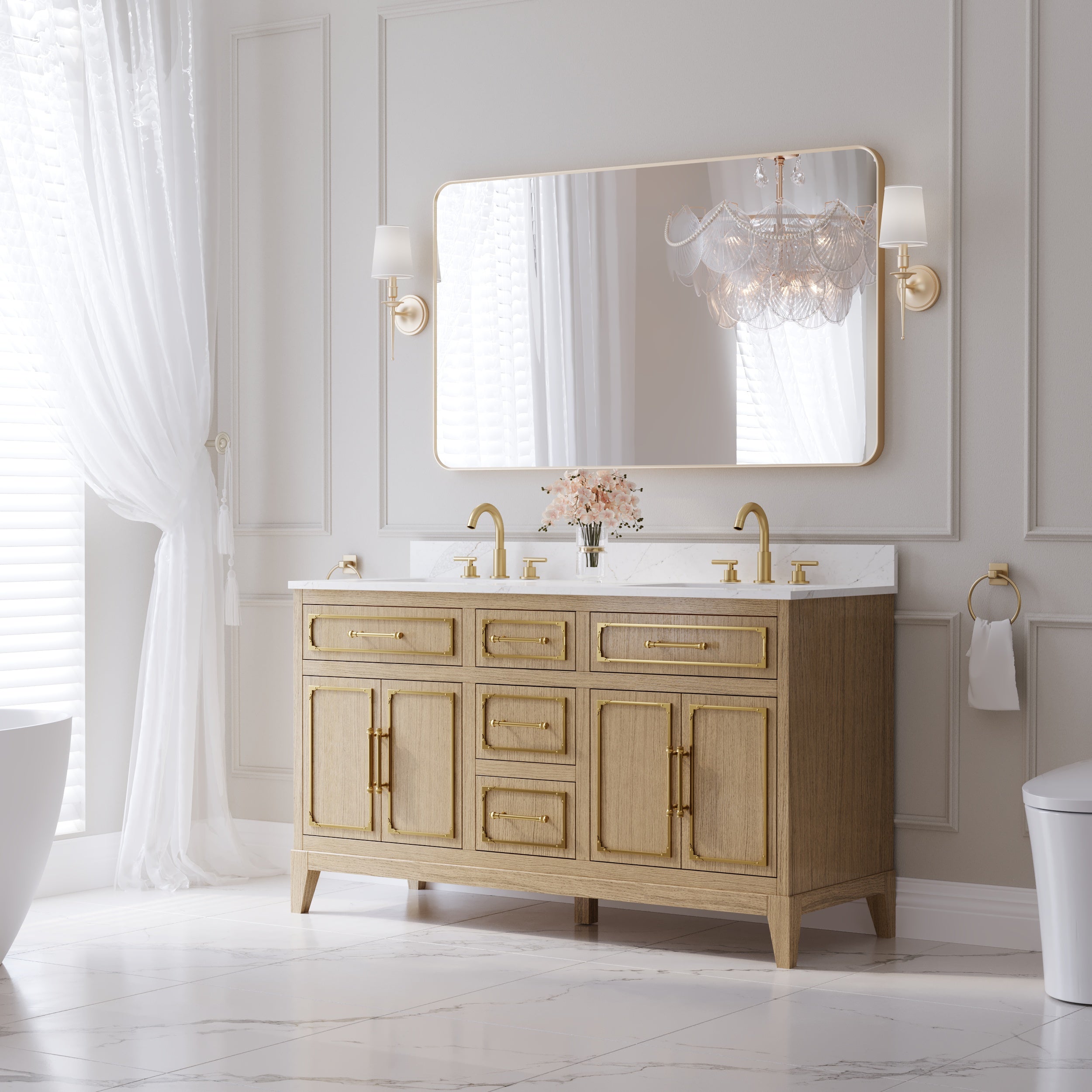 60 Inch Luxury Solid Oak Bathroom Vanity with Calacatta Quartz Countertop & Sinks, 3 Soft-Close Drawers and 2 Flip Drawers