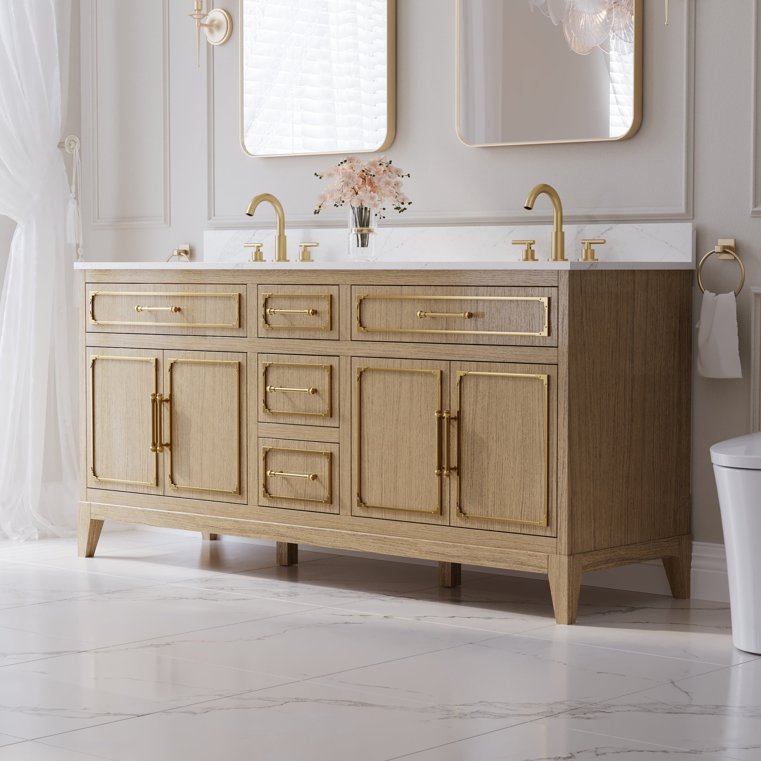 72 Inch Luxury Solid Oak Bathroom Vanity with Calacatta Quartz Countertop & Sinks, 3 Soft-Close Drawers and 2 Flip Drawers