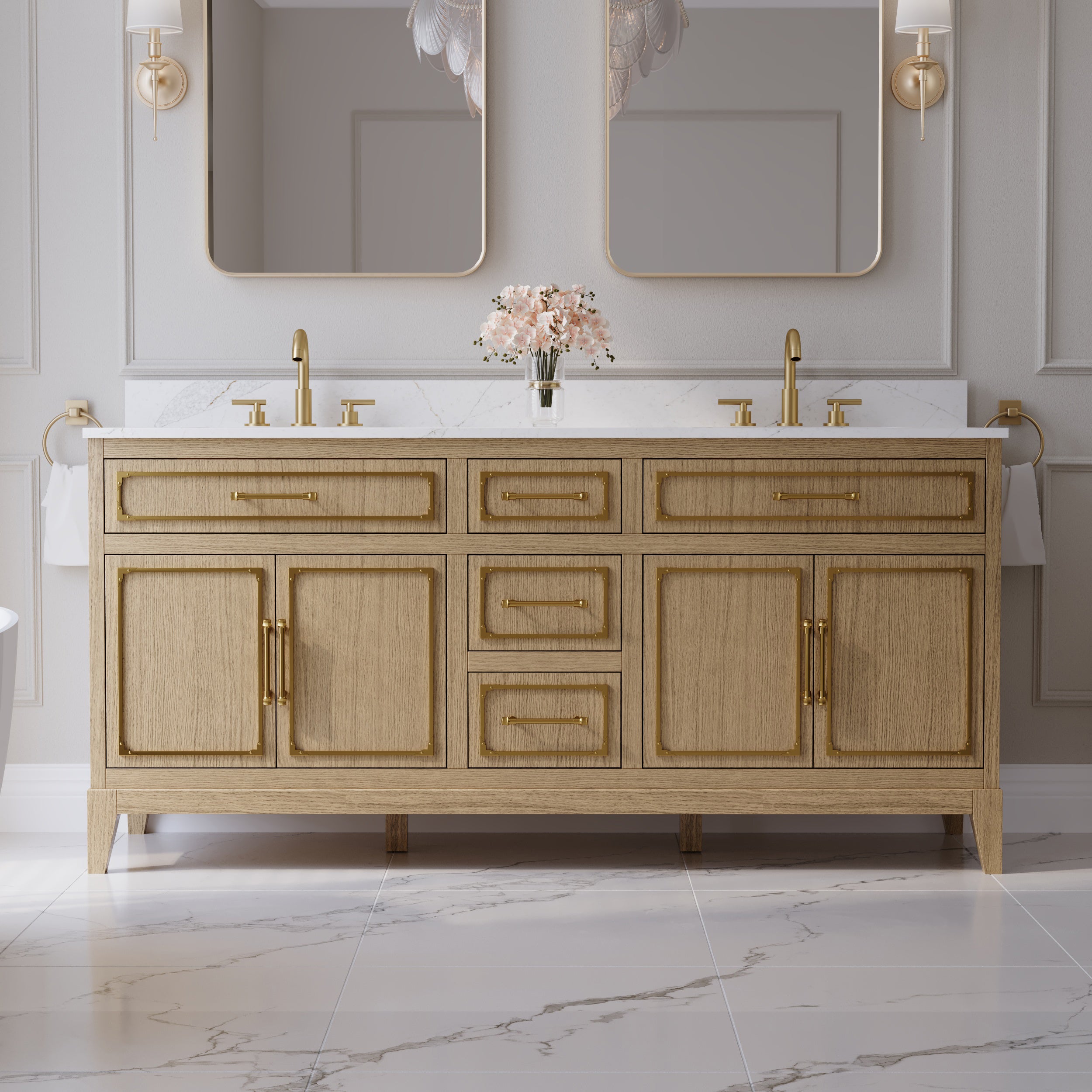 72 Inch Luxury Solid Oak Bathroom Vanity with Calacatta Quartz Countertop & Sinks, 3 Soft-Close Drawers and 2 Flip Drawers
