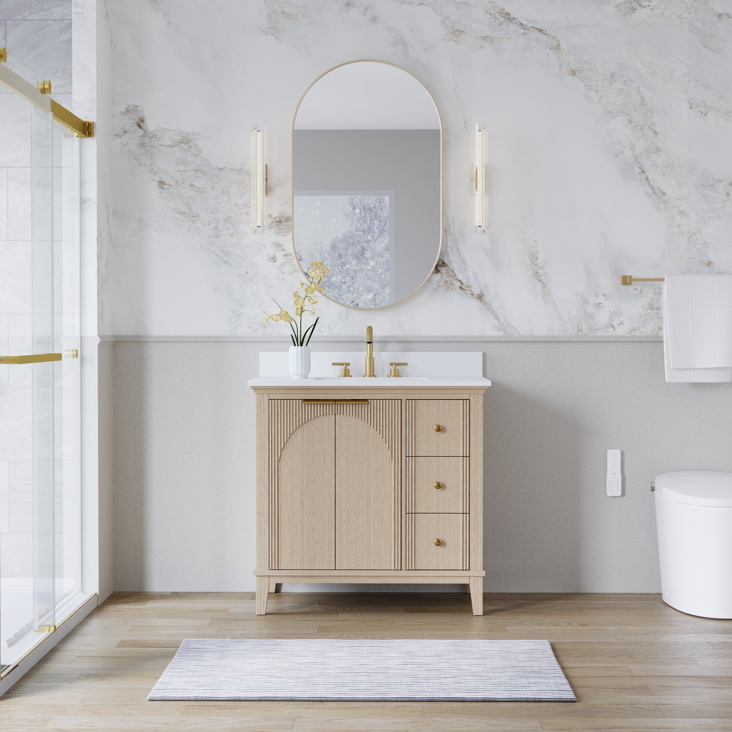 36 Inch Modern Light Oak Solid Wood Bathroom Vanity with White Quartz Countertop & Soft-Close Drawers