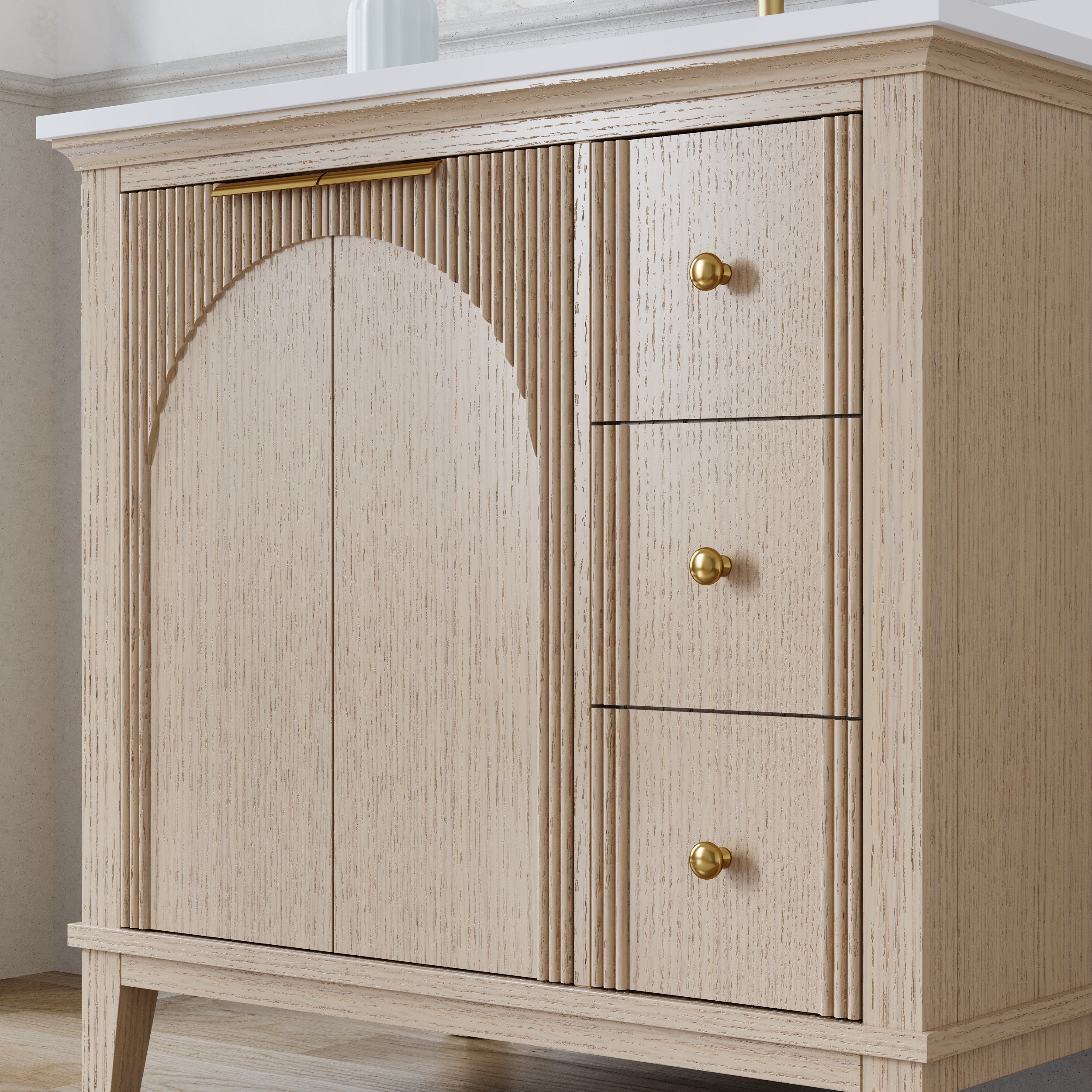 36 Inch Modern Light Oak Solid Wood Bathroom Vanity with White Quartz Countertop & Soft-Close Drawers