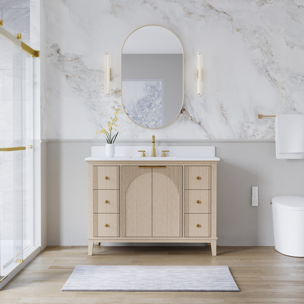 48 Inch Modern Light Oak Solid Wood Bathroom Vanity with White Quartz Countertop & Soft-Close Drawers