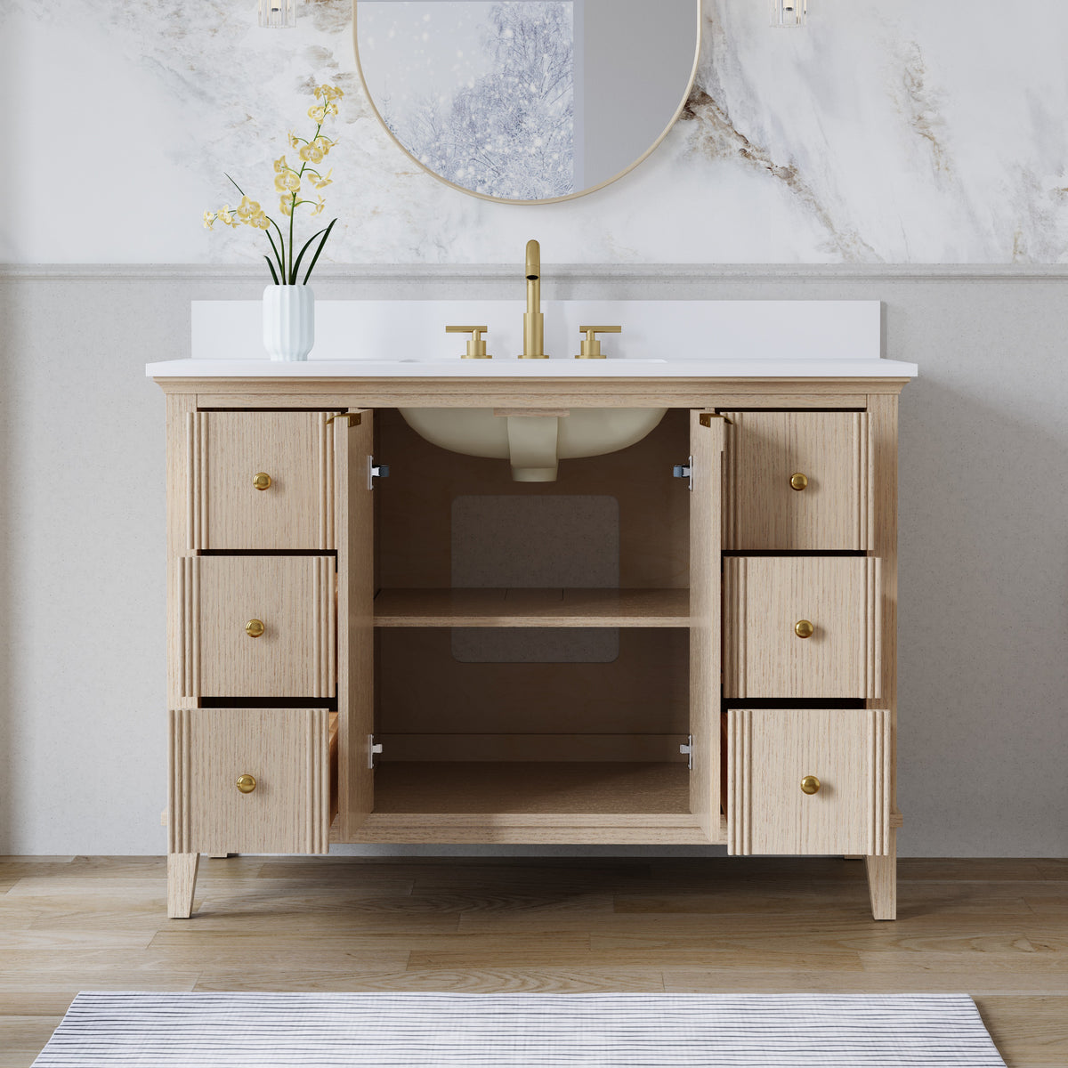 48 Inch Modern Light Oak Solid Wood Bathroom Vanity with White Quartz Countertop & Soft-Close Drawers