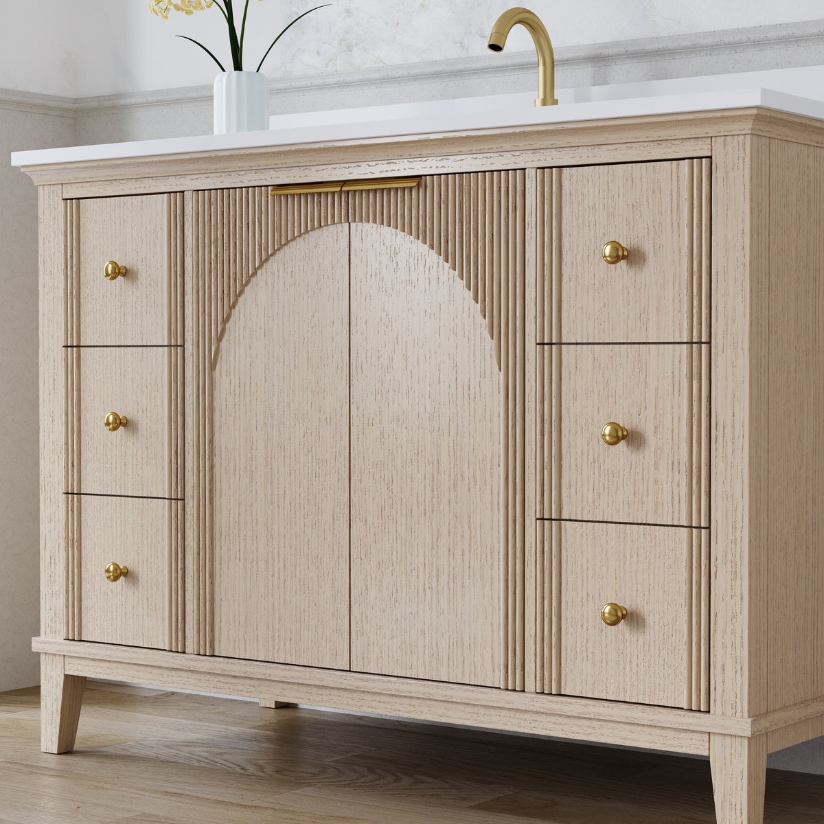 48 Inch Modern Light Oak Solid Wood Bathroom Vanity with White Quartz Countertop & Soft-Close Drawers