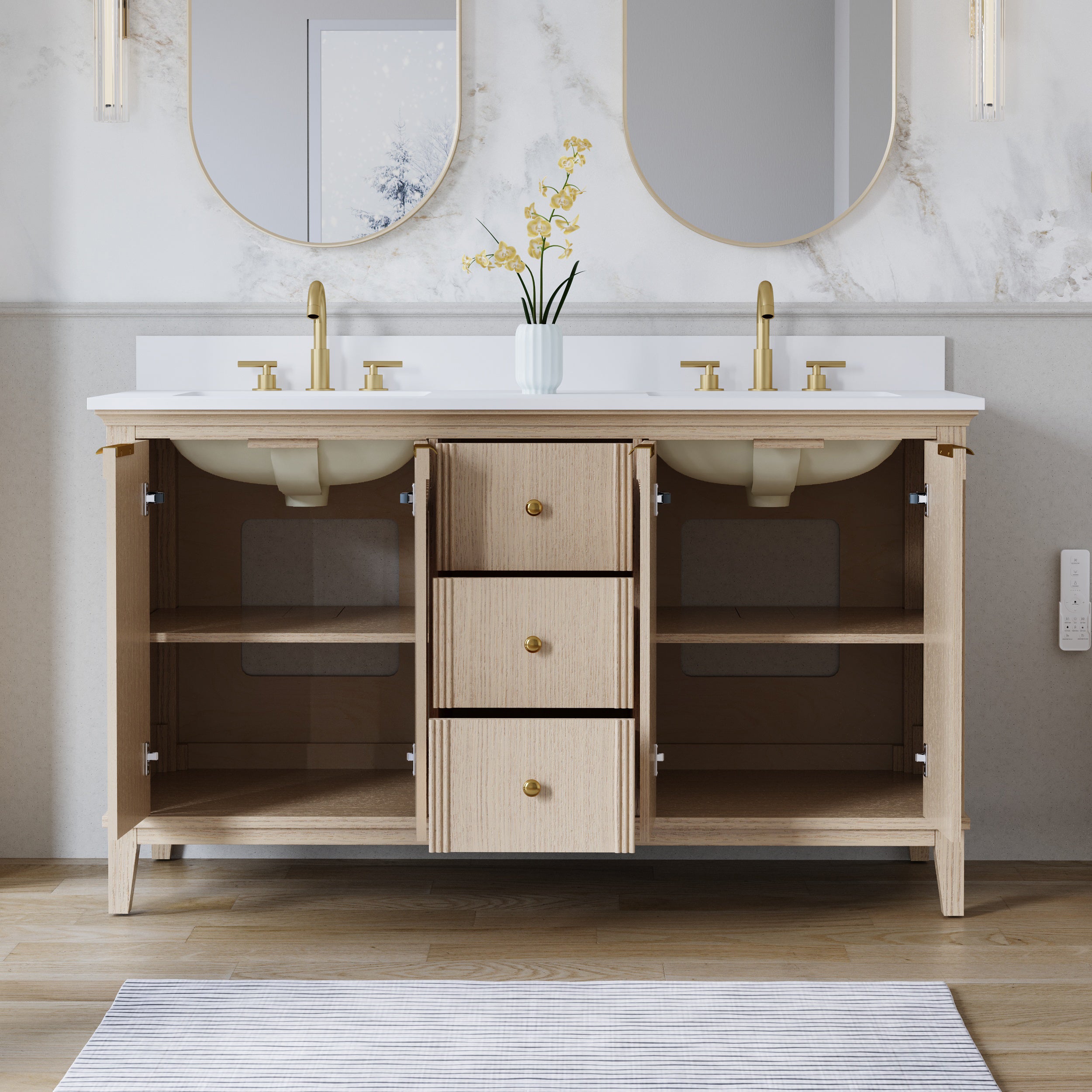 60 Inch Modern Light Oak Solid Wood Bathroom Vanity with White Quartz Countertop & 3 Soft-Close Drawers