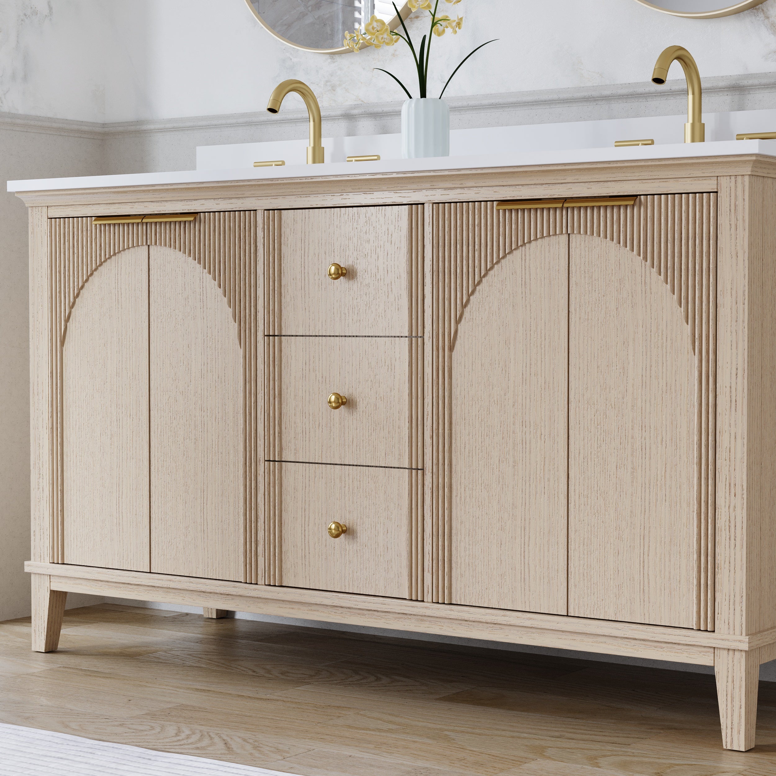 60 Inch Modern Light Oak Solid Wood Bathroom Vanity with White Quartz Countertop & 3 Soft-Close Drawers