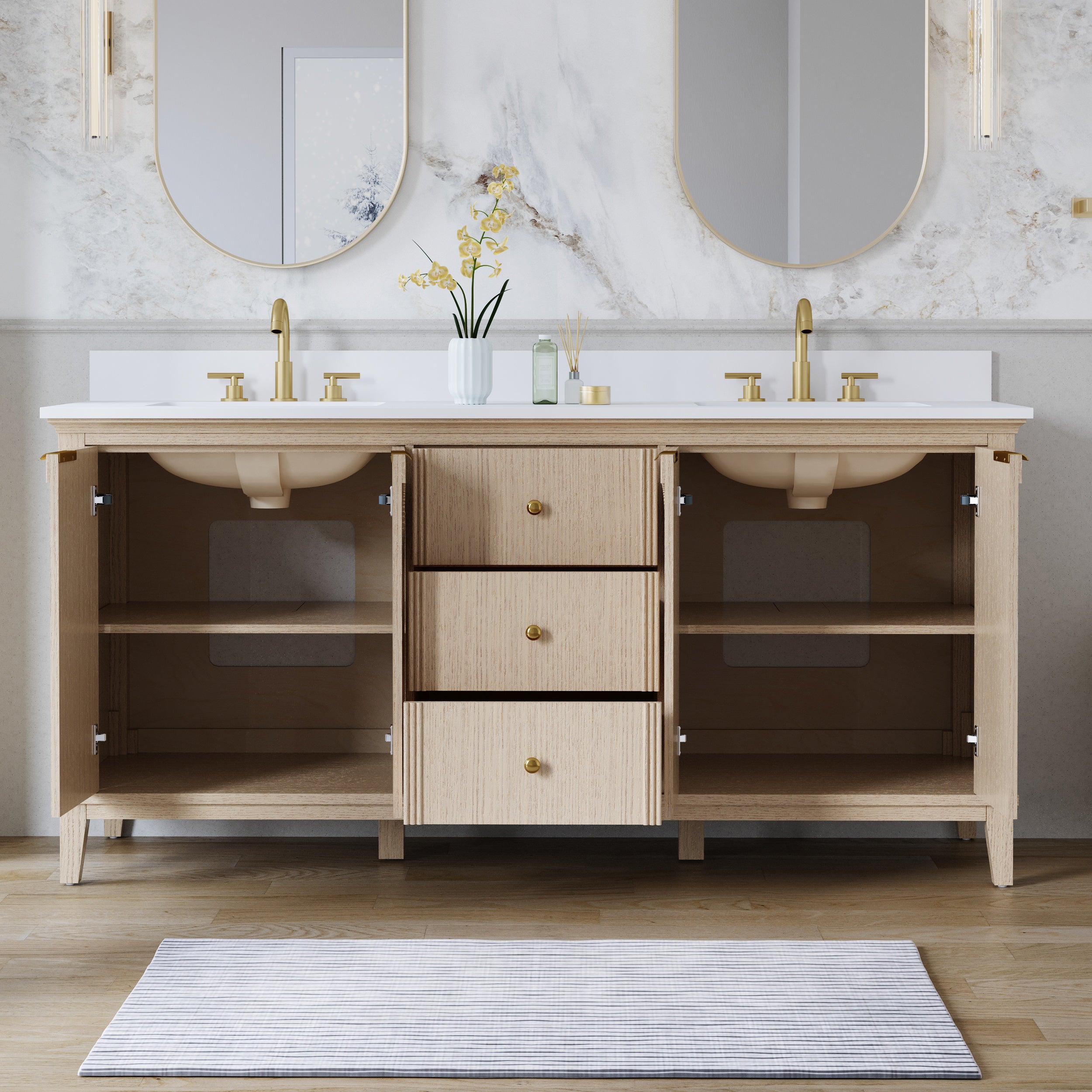 72 Inch Modern Light Oak Solid Wood Bathroom Vanity with White Quartz Countertop & 3 Soft-Close Drawers