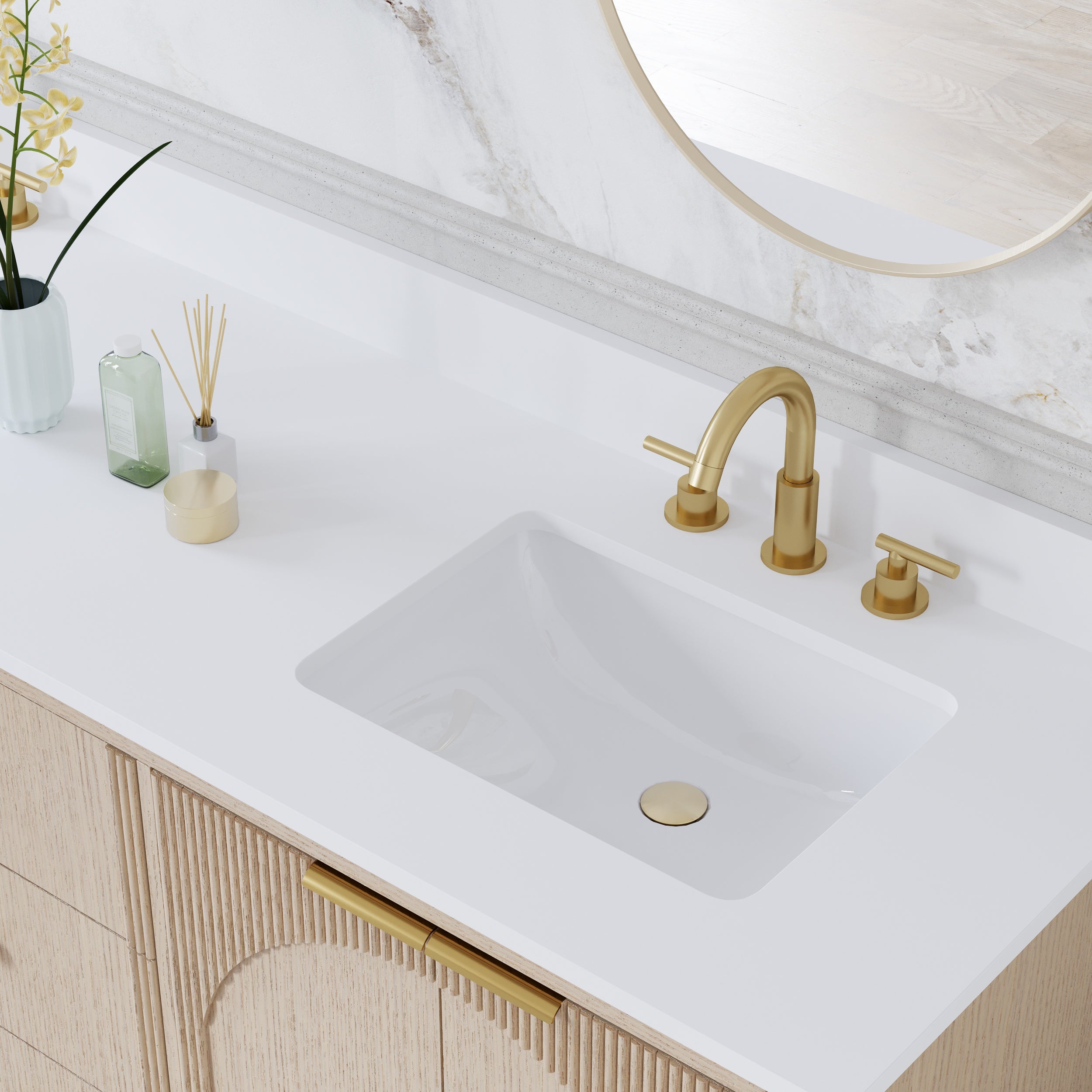 72 Inch Modern Light Oak Solid Wood Bathroom Vanity with White Quartz Countertop & 3 Soft-Close Drawers