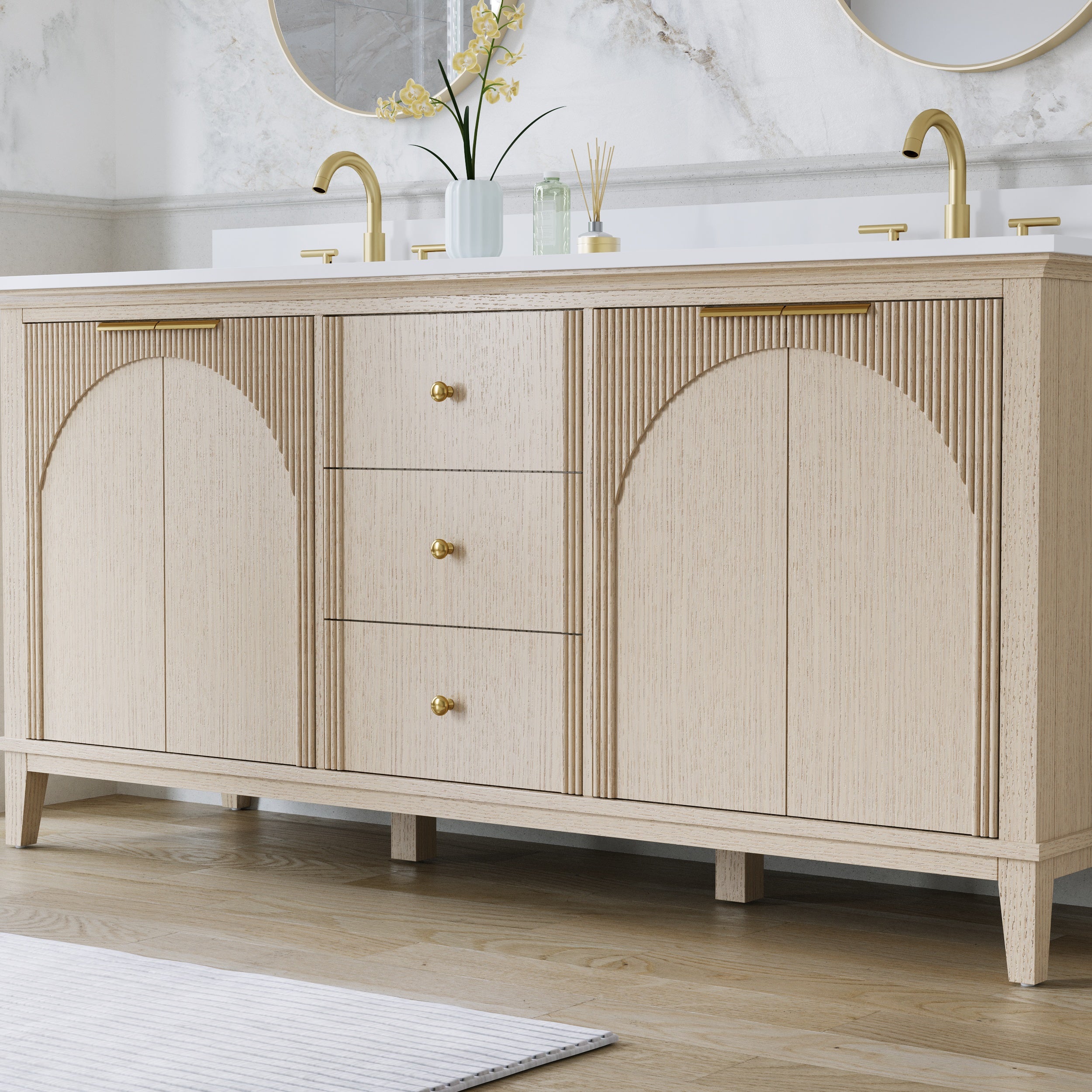 72 Inch Modern Light Oak Solid Wood Bathroom Vanity with White Quartz Countertop & 3 Soft-Close Drawers