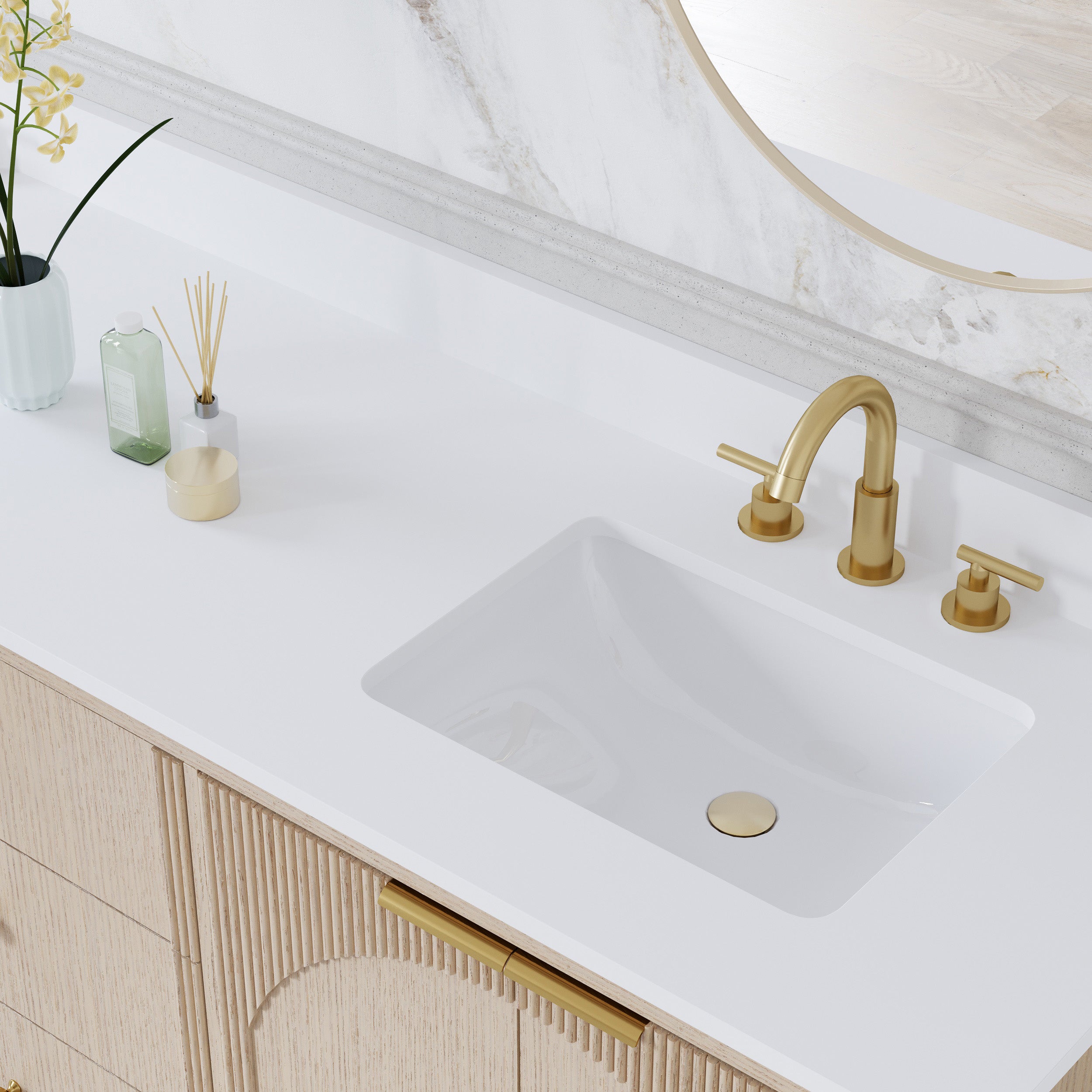80 Inch Modern Light Oak Solid Wood Bathroom Vanity with White Quartz Countertop & 3 Soft-Close Drawers