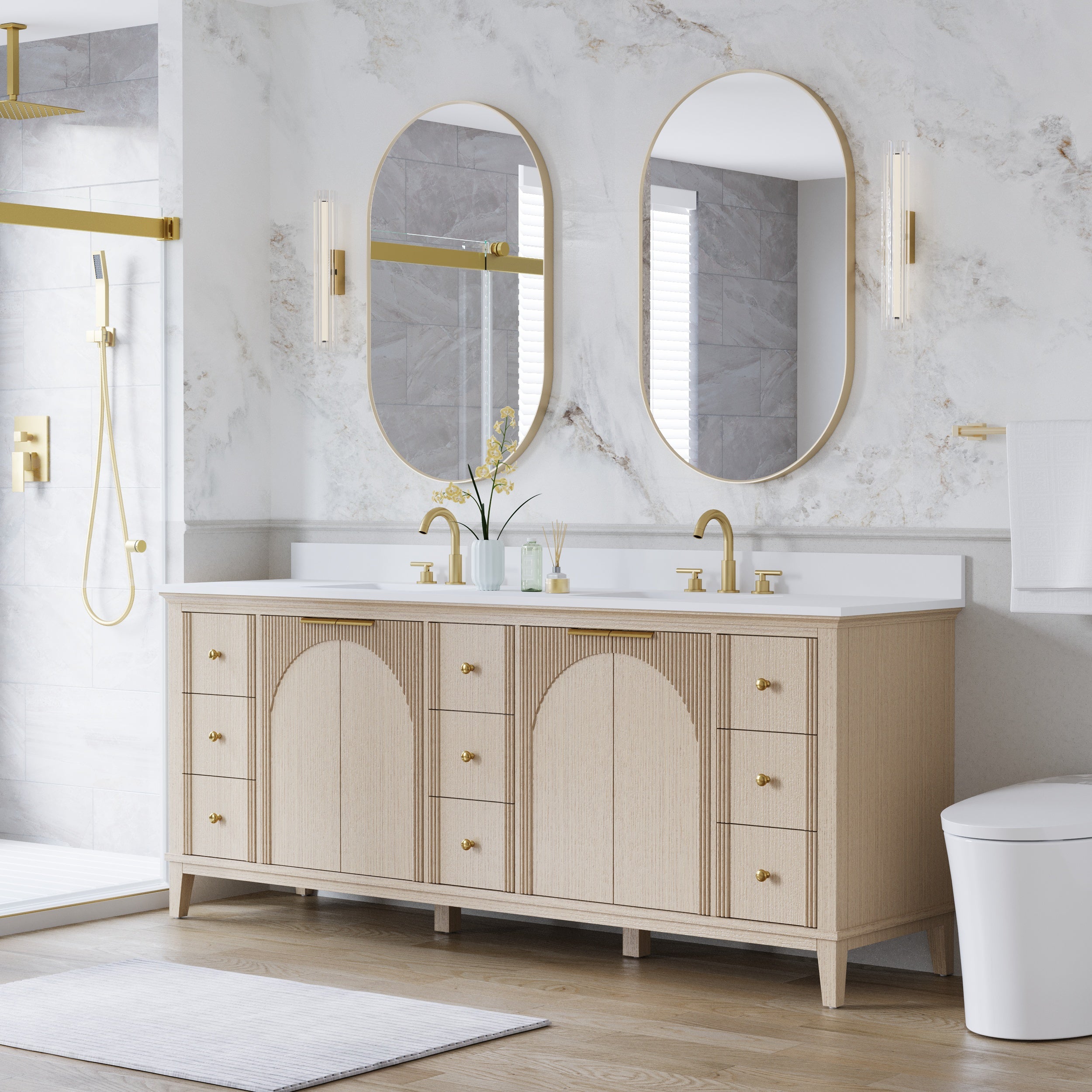 84 Inch Modern Light Oak Solid Wood Bathroom Vanity with White Quartz Countertop & 9 Soft-Close Drawers