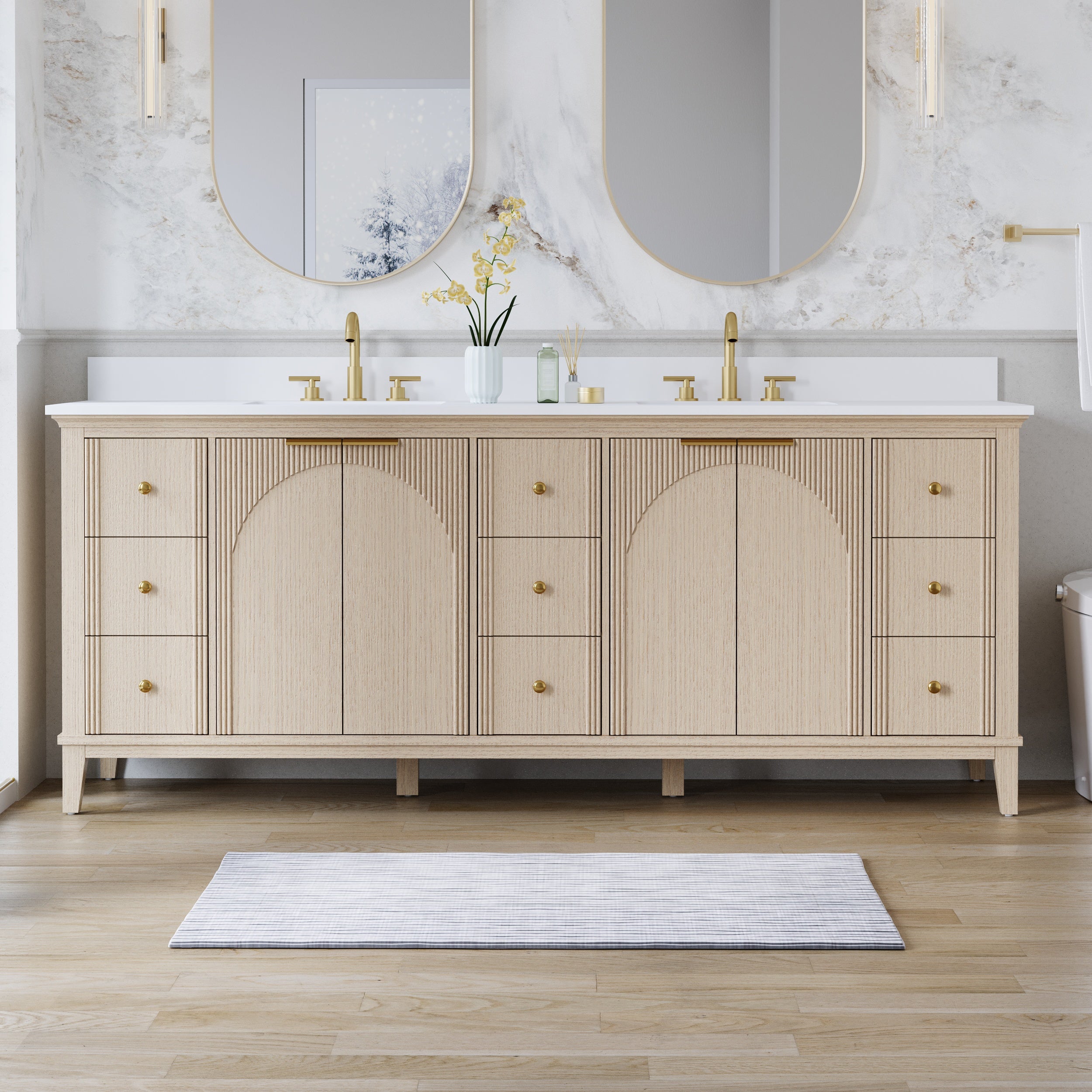 84 Inch Modern Light Oak Solid Wood Bathroom Vanity with White Quartz Countertop & 9 Soft-Close Drawers