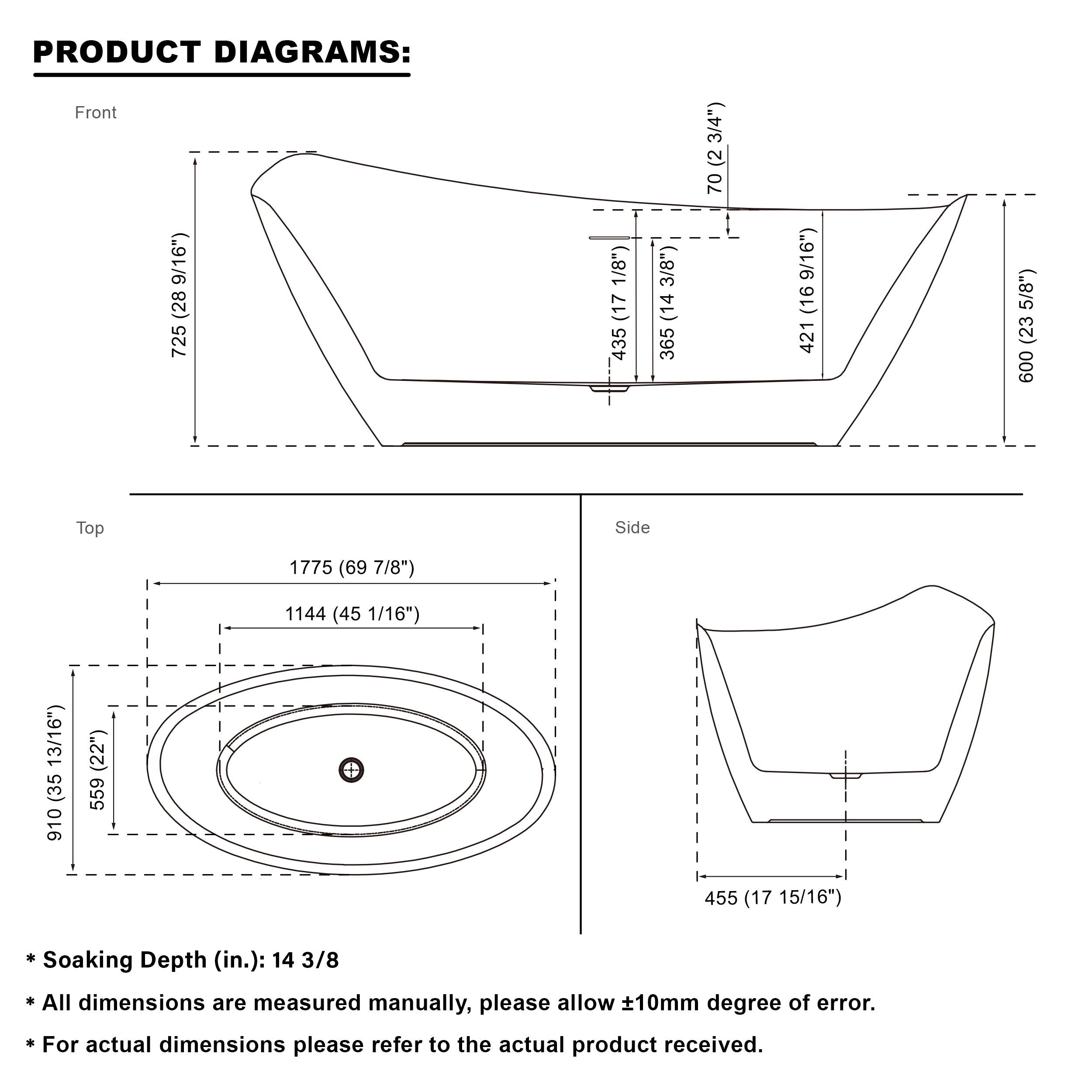 70" Freestanding Glossy White Acrylic Bathtub with Overflow and Drain