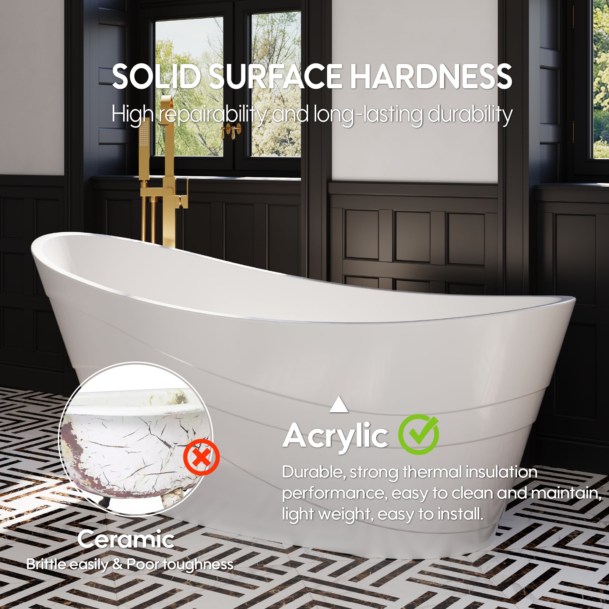 67" Acrylic Freestanding Soaking Bathtub in Glossy White with Pop-up Drainer and Groove Overflow
