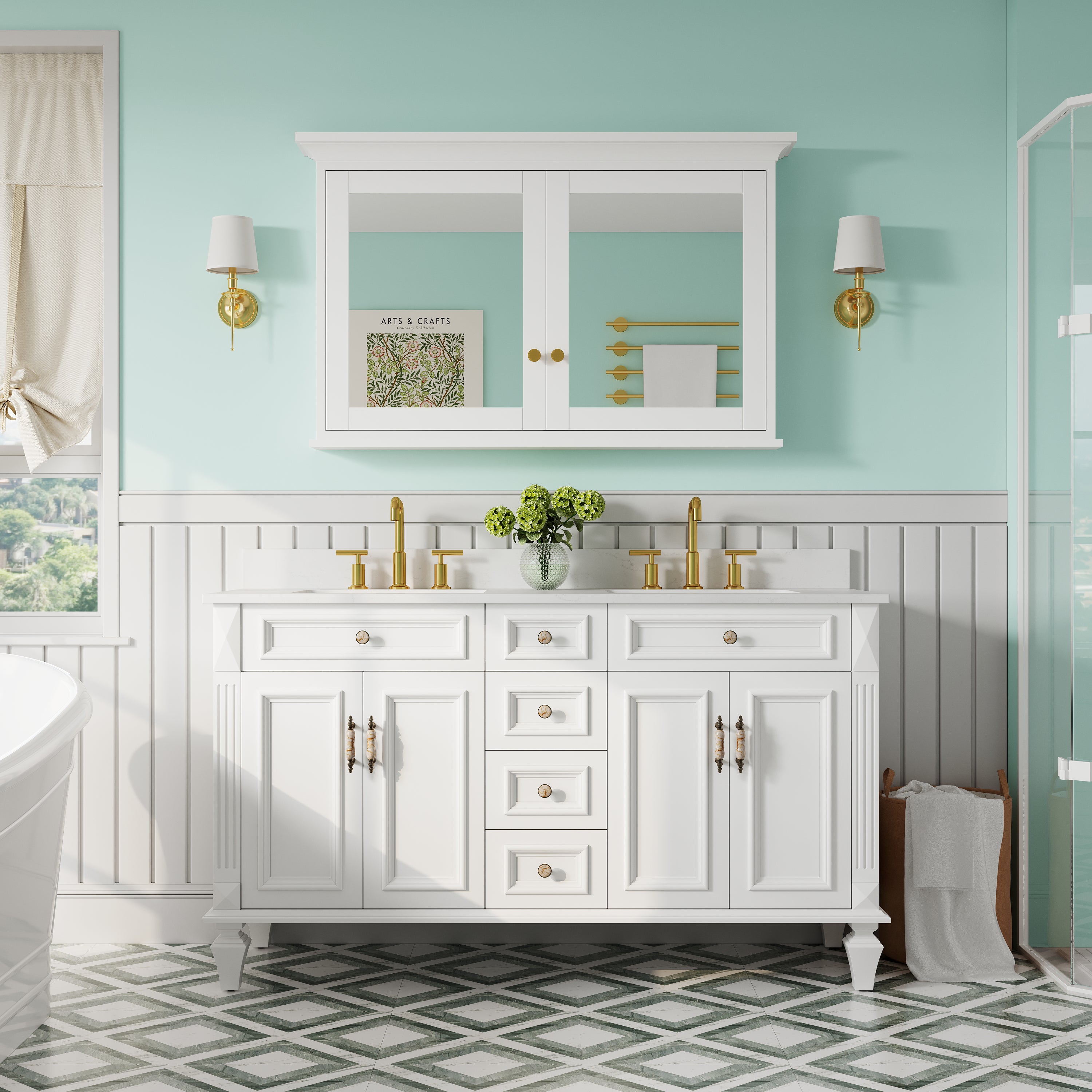 48 in.W x 30 in.H Vertical Z-Bar Mounting Bathroom Wood Medicine Cabinet with Mirror in White