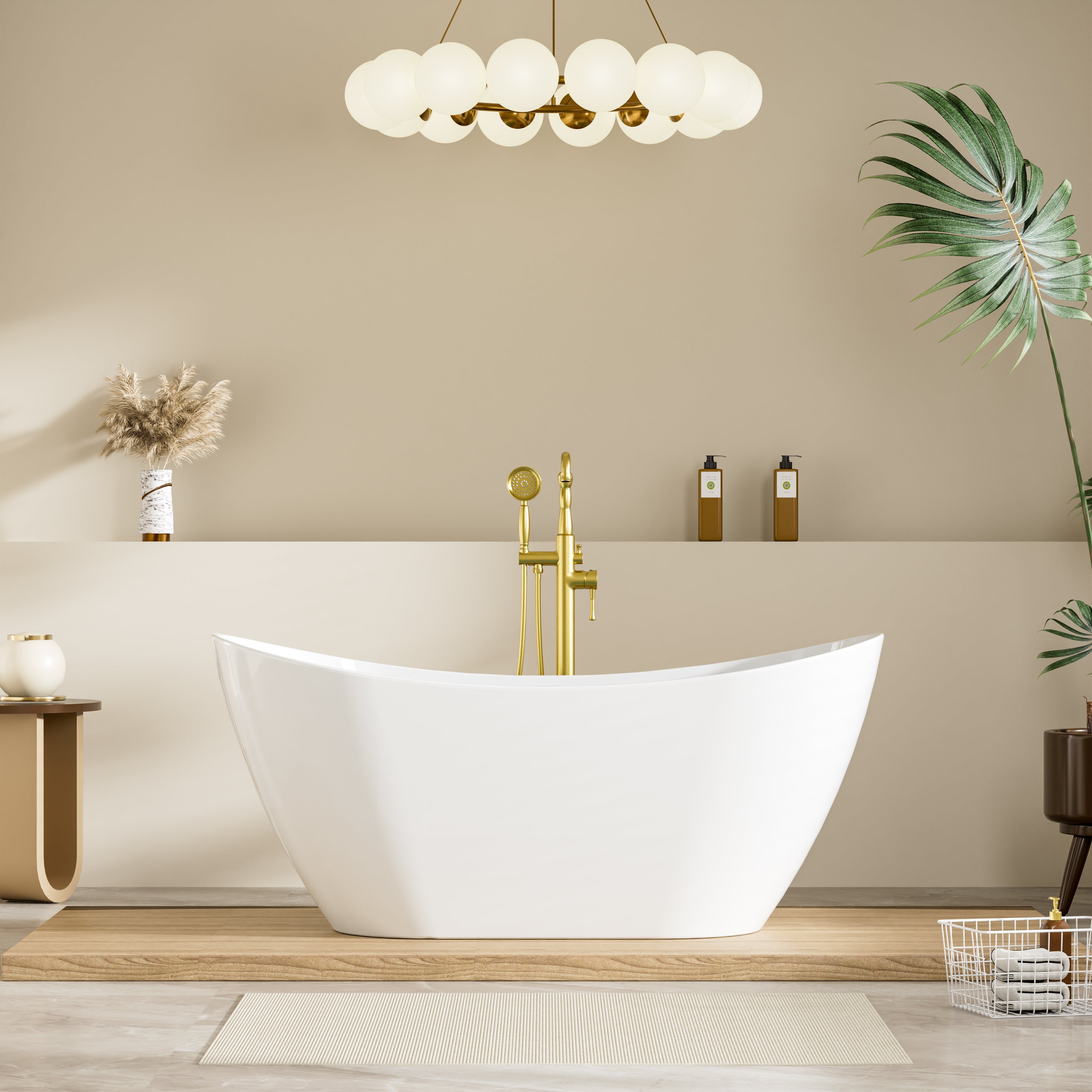 60" Glossy White Freestanding Acrylic Soaking Bathtub with Advanced Heat Retention & Ergonomic Support, 60-Gallon