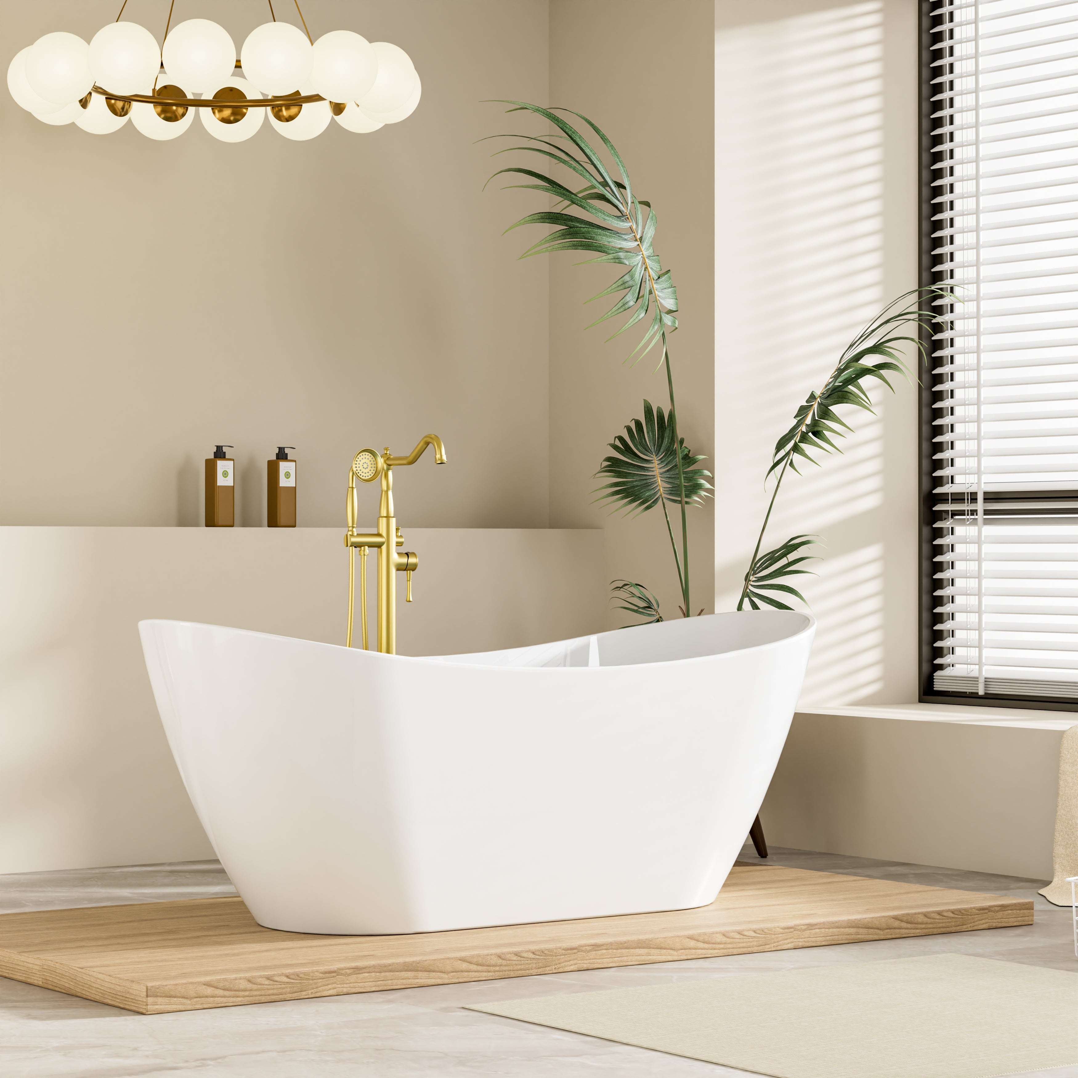 67" Glossy White Freestanding Acrylic Soaking Bathtub with Advanced Heat Retention & Ergonomic Support, 71-Gallon