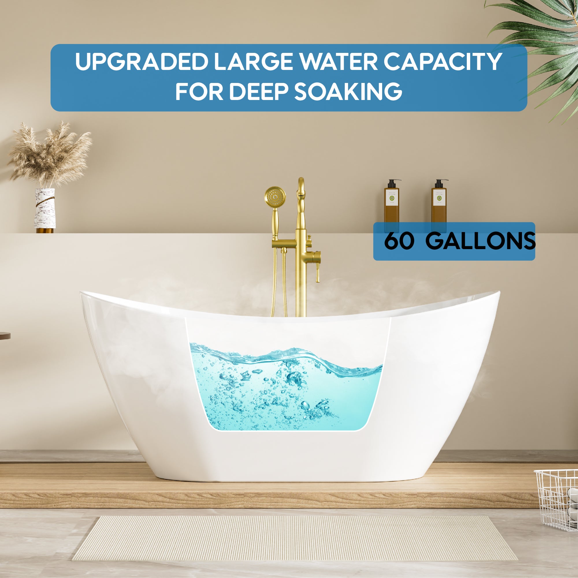 60" Glossy White Freestanding Acrylic Soaking Bathtub with Advanced Heat Retention & Ergonomic Support, 60-Gallon