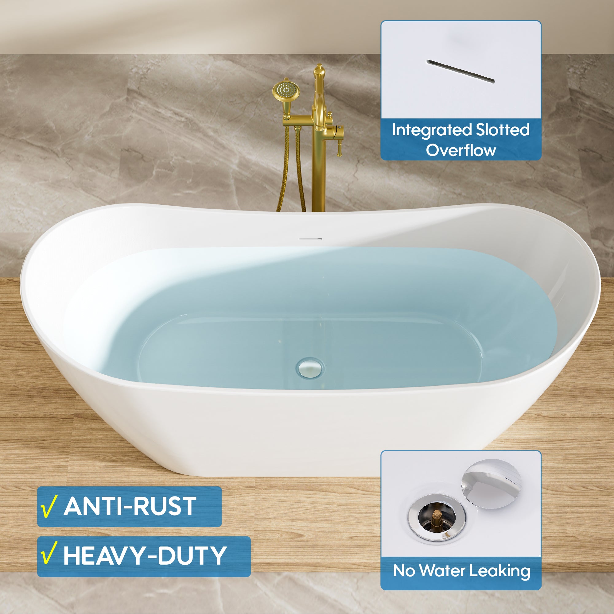 67" Glossy White Freestanding Acrylic Soaking Bathtub with Advanced Heat Retention & Ergonomic Support, 71-Gallon