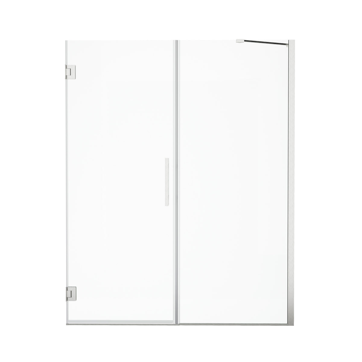 59–60 in. W x 72 in. H Frameless Hinged Shower Door with 3/8" Clear Tempered Glass and Fixed Glass Panel, Includes Support Bar