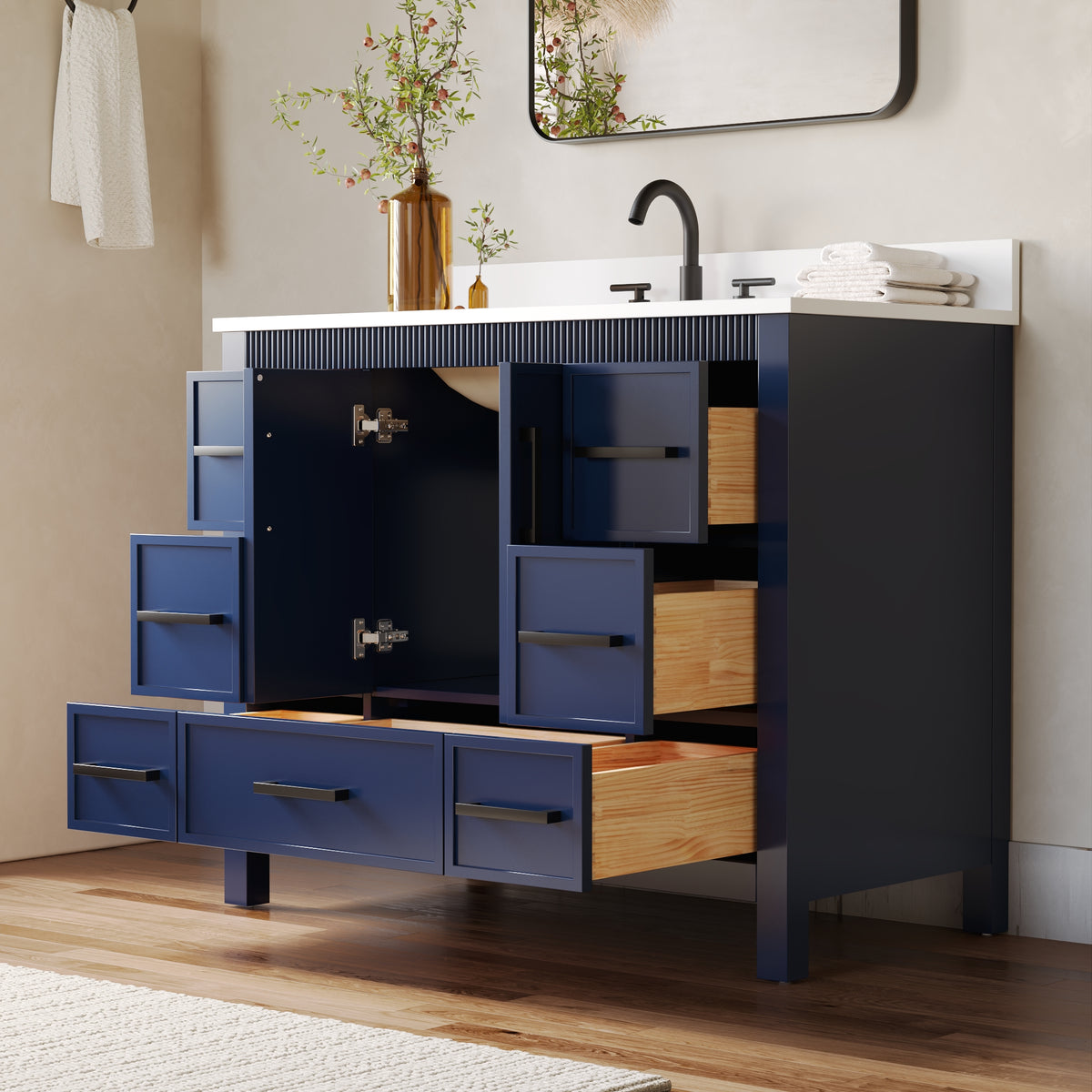 42 Inch Freestanding Solid Wood Bathroom Vanity with Fluted Molding, Pure White Quartz Countertop, Navy Blue