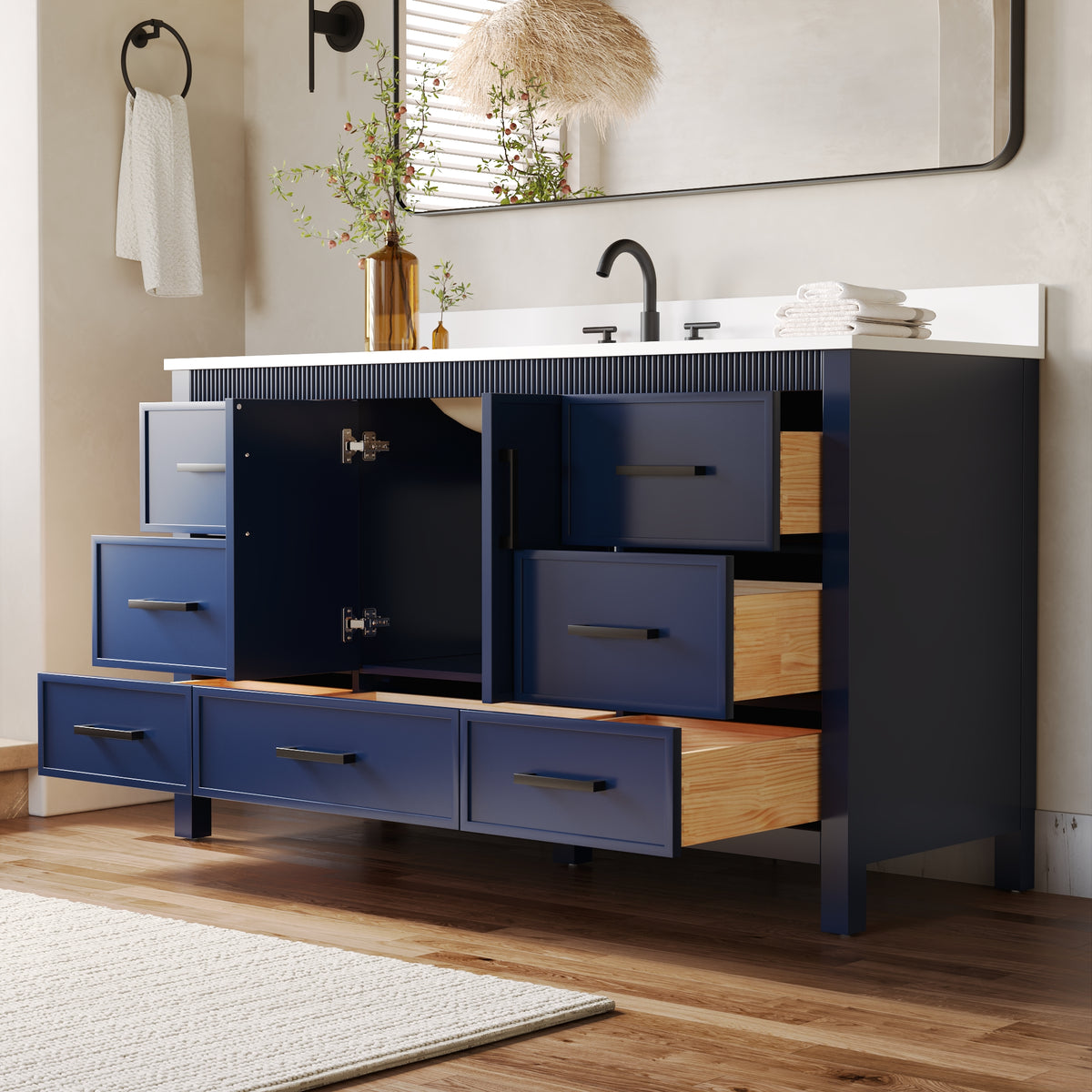 60 Inch Freestanding Solid Wood Bathroom Vanity with Pure White Quartz Countertop, 2 Soft-Close Doors & 7 Dovetail Drawers, Navy Blue