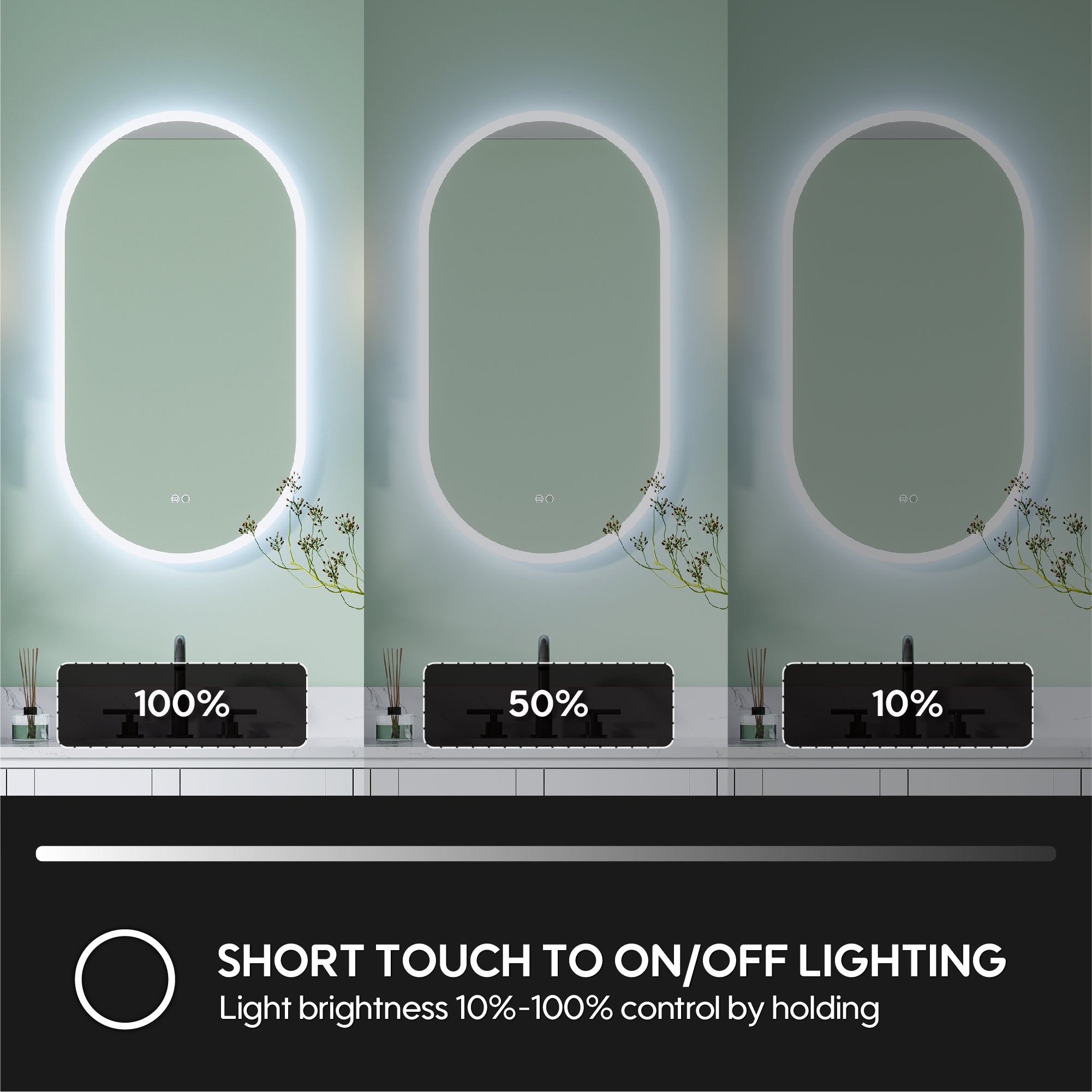 20 in. W x 36 in. H Acrylic Oval LED Frameless Mirror, Anti-Fog, Dimmable