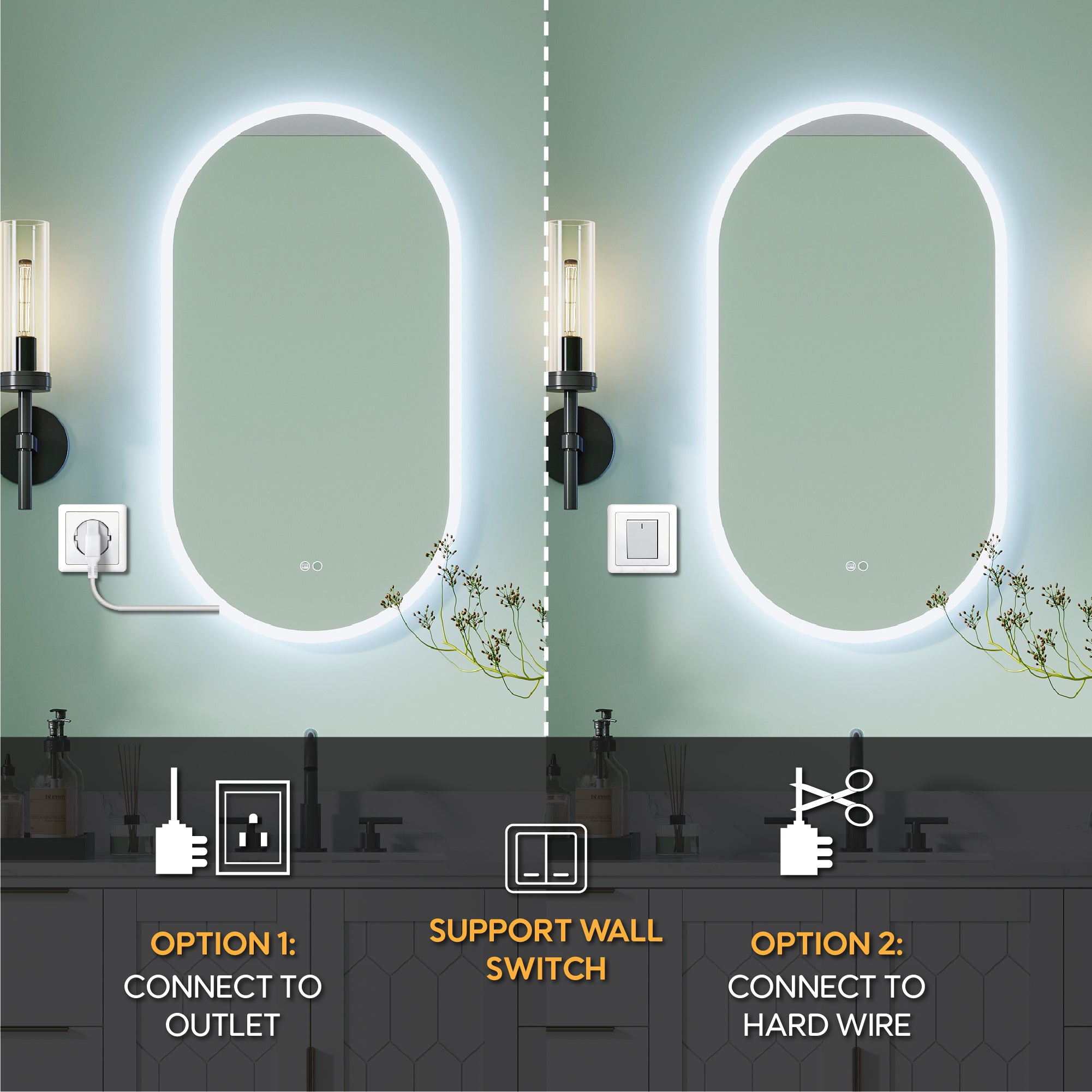 20 in. W x 36 in. H Acrylic Oval LED Frameless Mirror, Anti-Fog, Dimmable