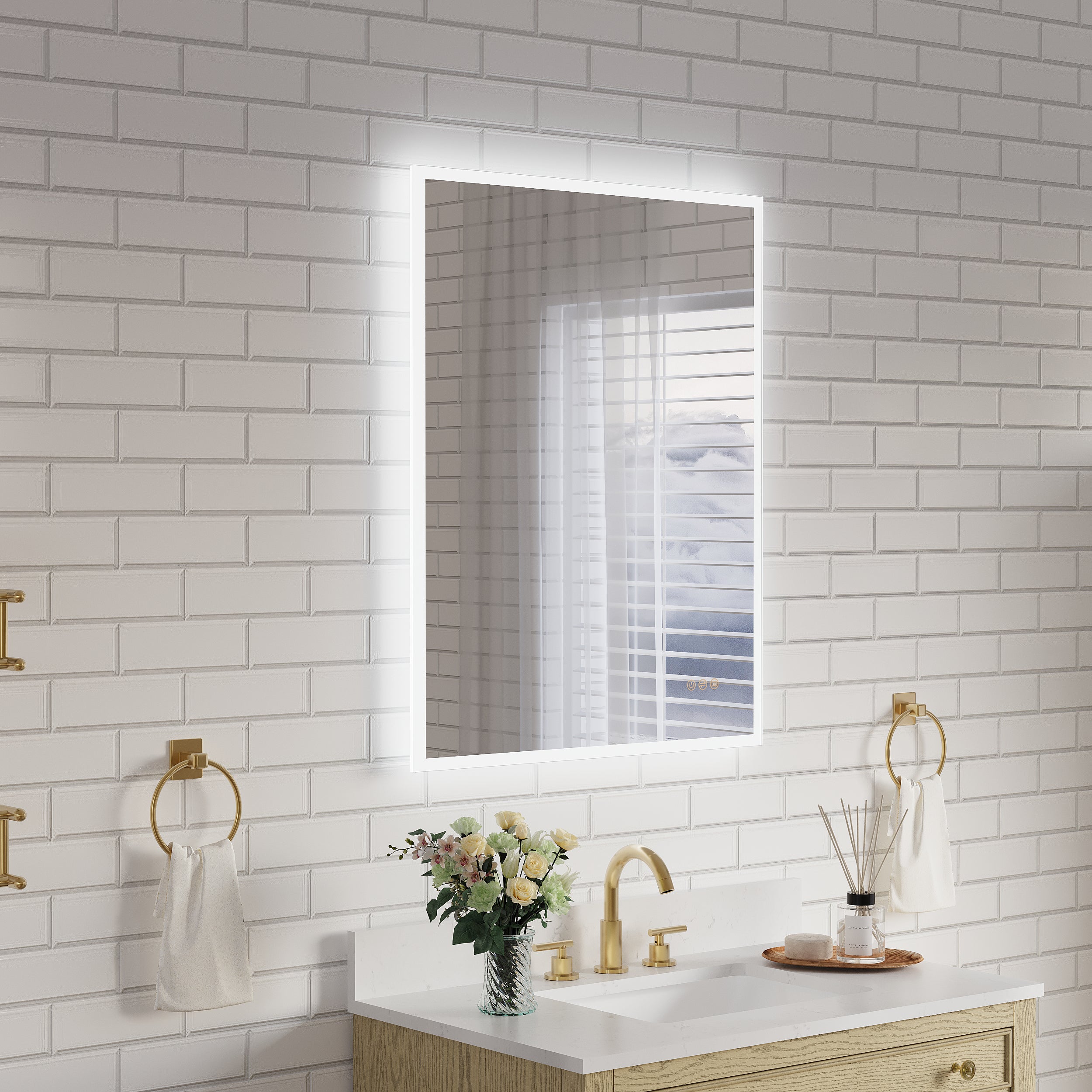 28 in. W x 36 in. H Frameless LED Frontlit & Backlit Bathroom Vanity Mirror, Dimmable & Anti-Fog, Wall Mounted