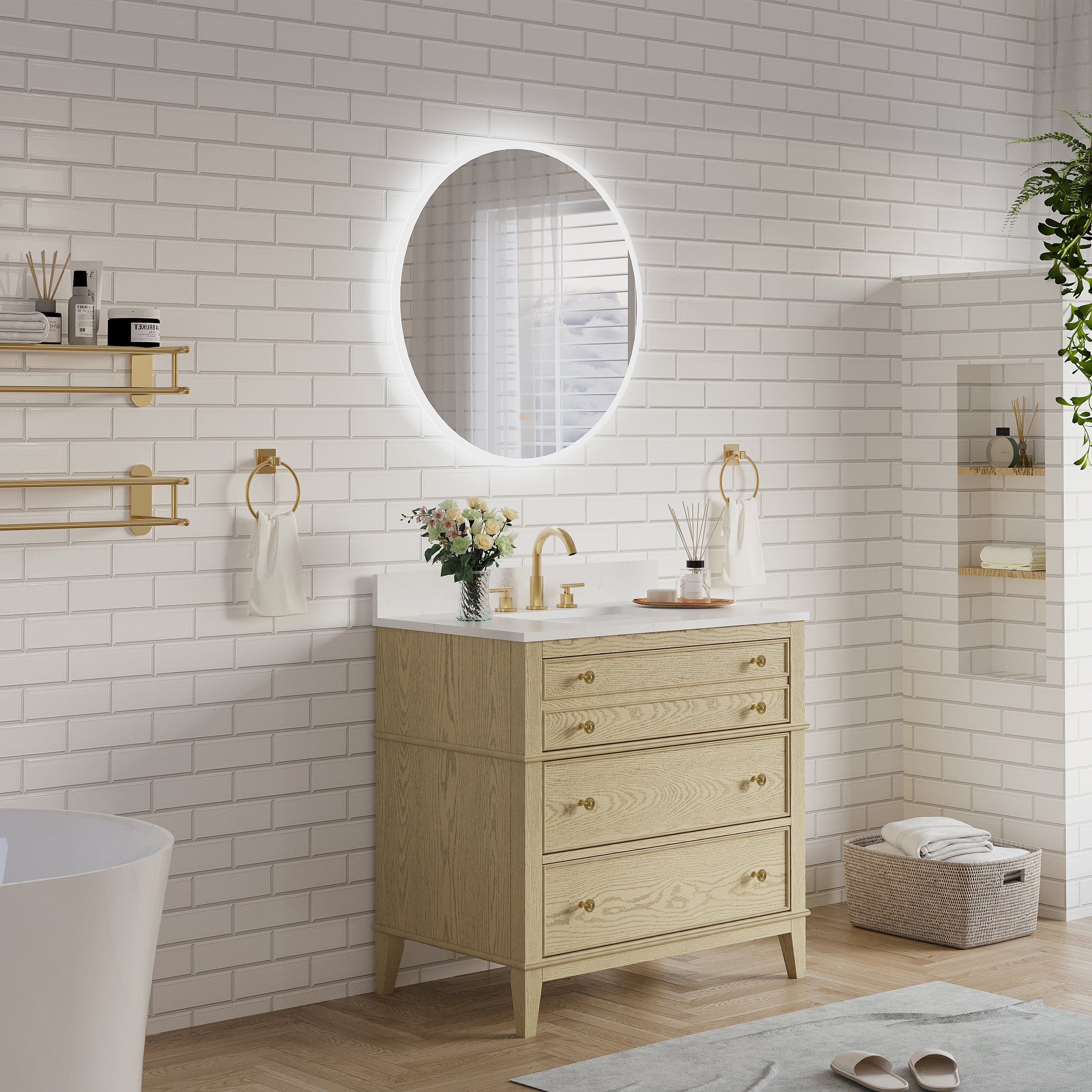 32" Round Frameless LED Bathroom Vanity Mirror, Dimmable & Anti-Fog, Frontlit & Backlit, Wall Mounted