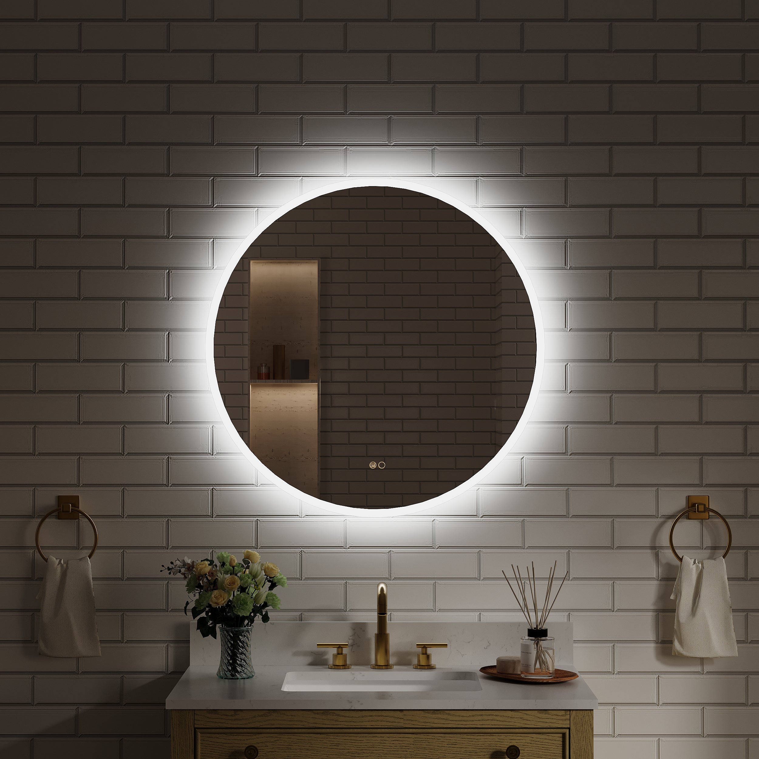 32" Round Frameless LED Bathroom Vanity Mirror, Dimmable & Anti-Fog, Frontlit & Backlit, Wall Mounted