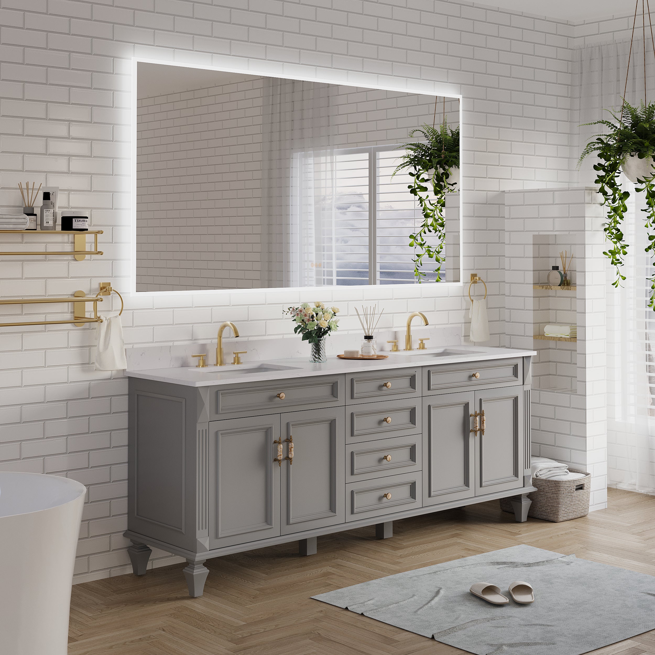 84 in. W x 42 in. H Frameless LED Frontlit & Backlit Bathroom Vanity Mirror, Dimmable & Anti-Fog, Wall Mounted