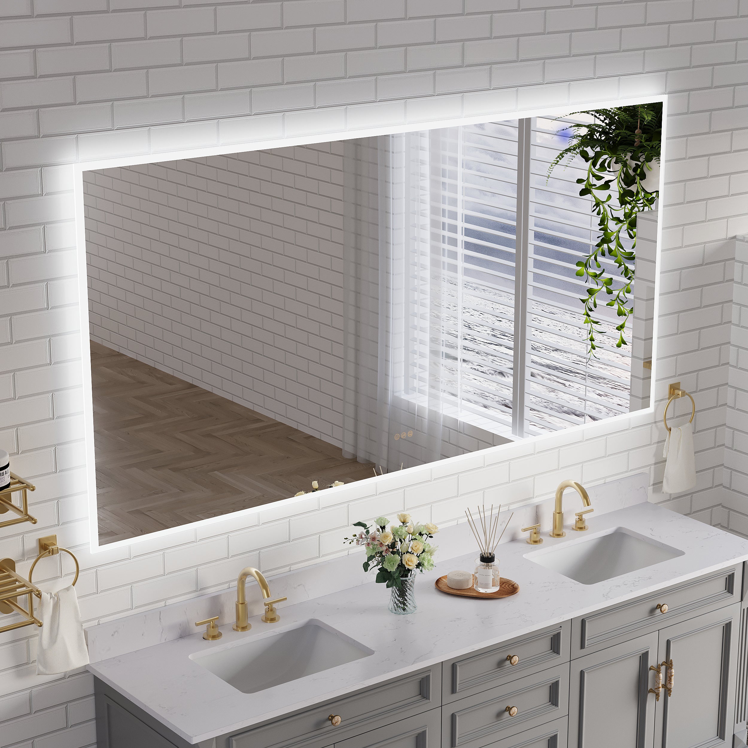 84 in. W x 42 in. H Frameless LED Frontlit & Backlit Bathroom Vanity Mirror, Dimmable & Anti-Fog, Wall Mounted