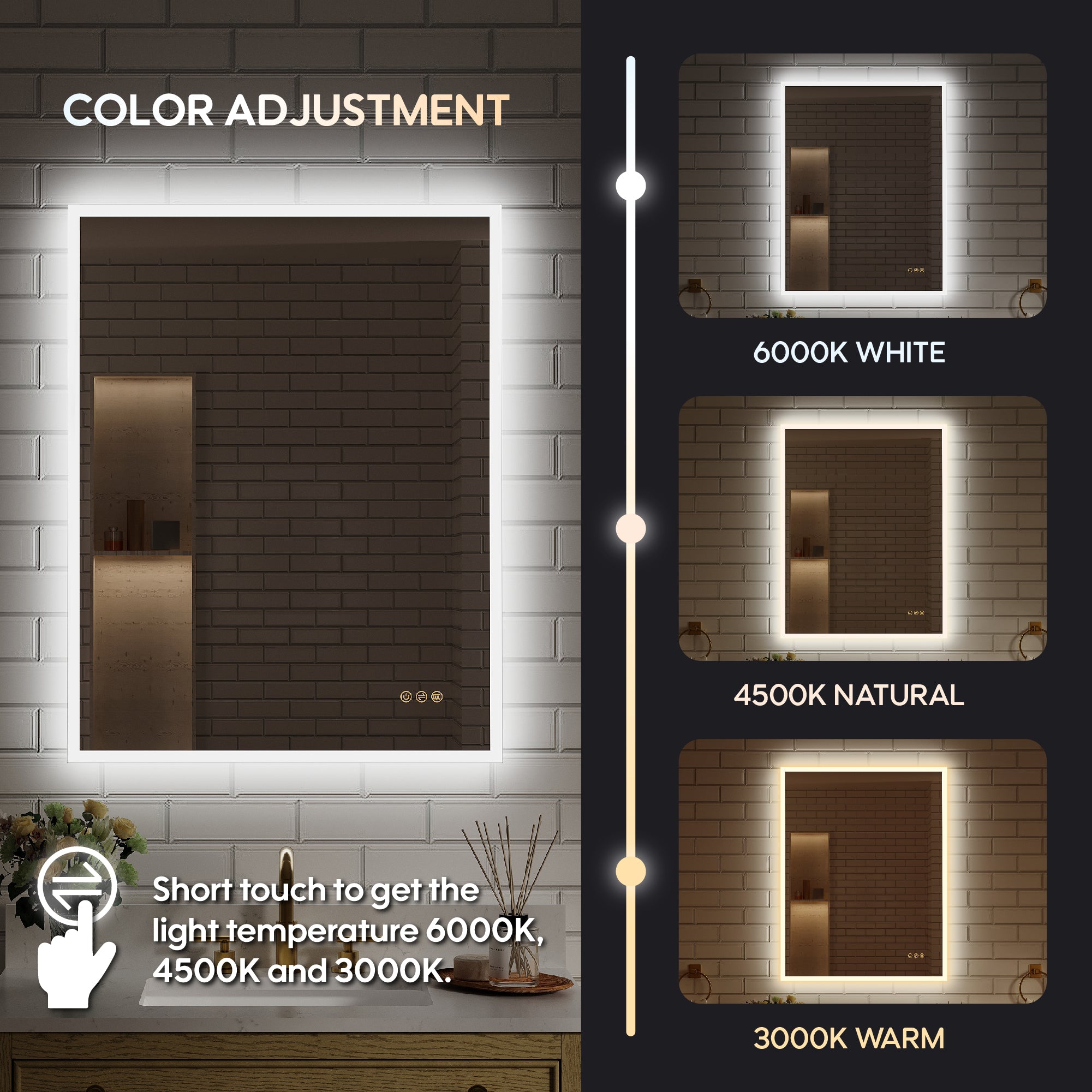 28 in. W x 36 in. H Frameless LED Frontlit & Backlit Bathroom Vanity Mirror, Dimmable & Anti-Fog, Wall Mounted