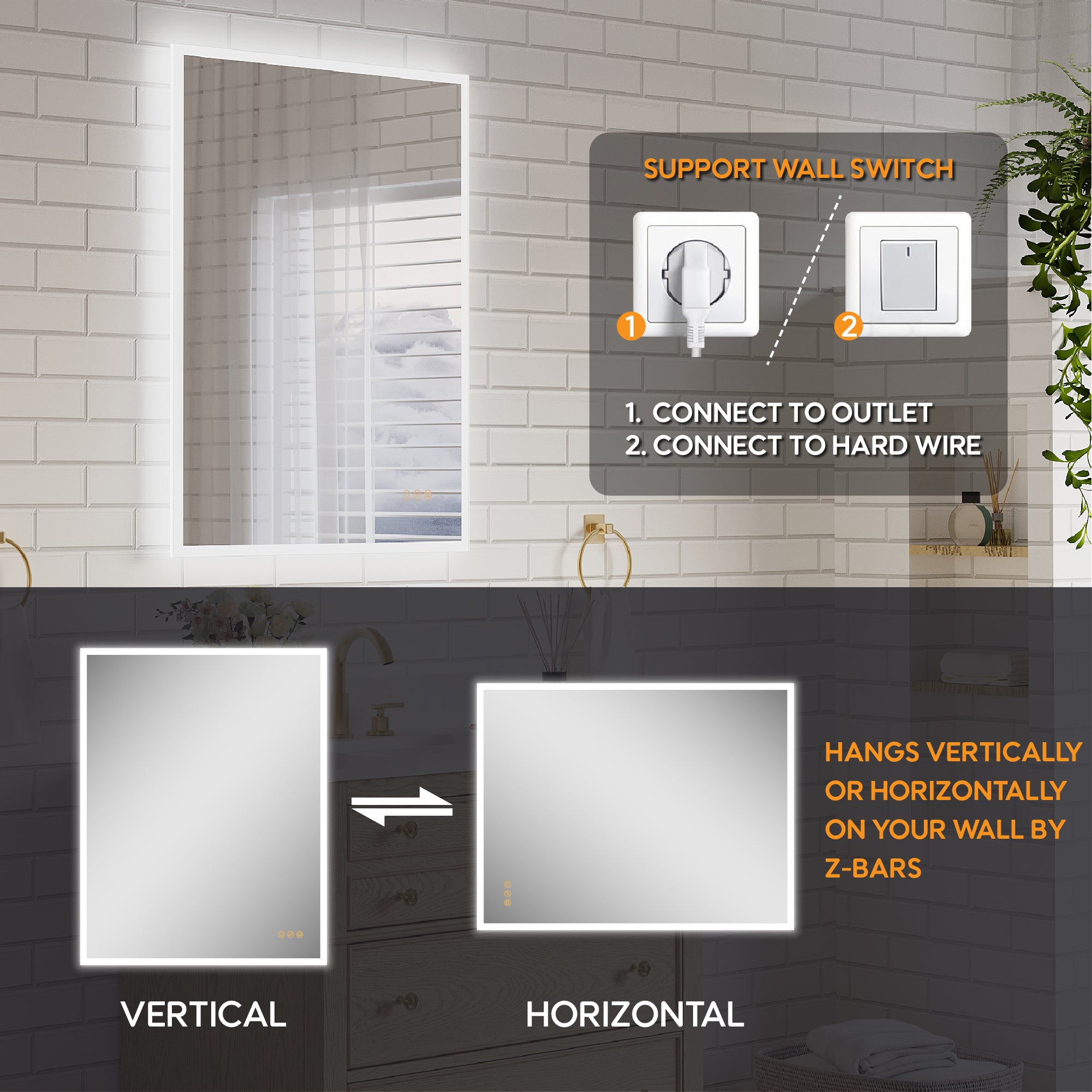 28 in. W x 36 in. H Frameless LED Frontlit & Backlit Bathroom Vanity Mirror, Dimmable & Anti-Fog, Wall Mounted