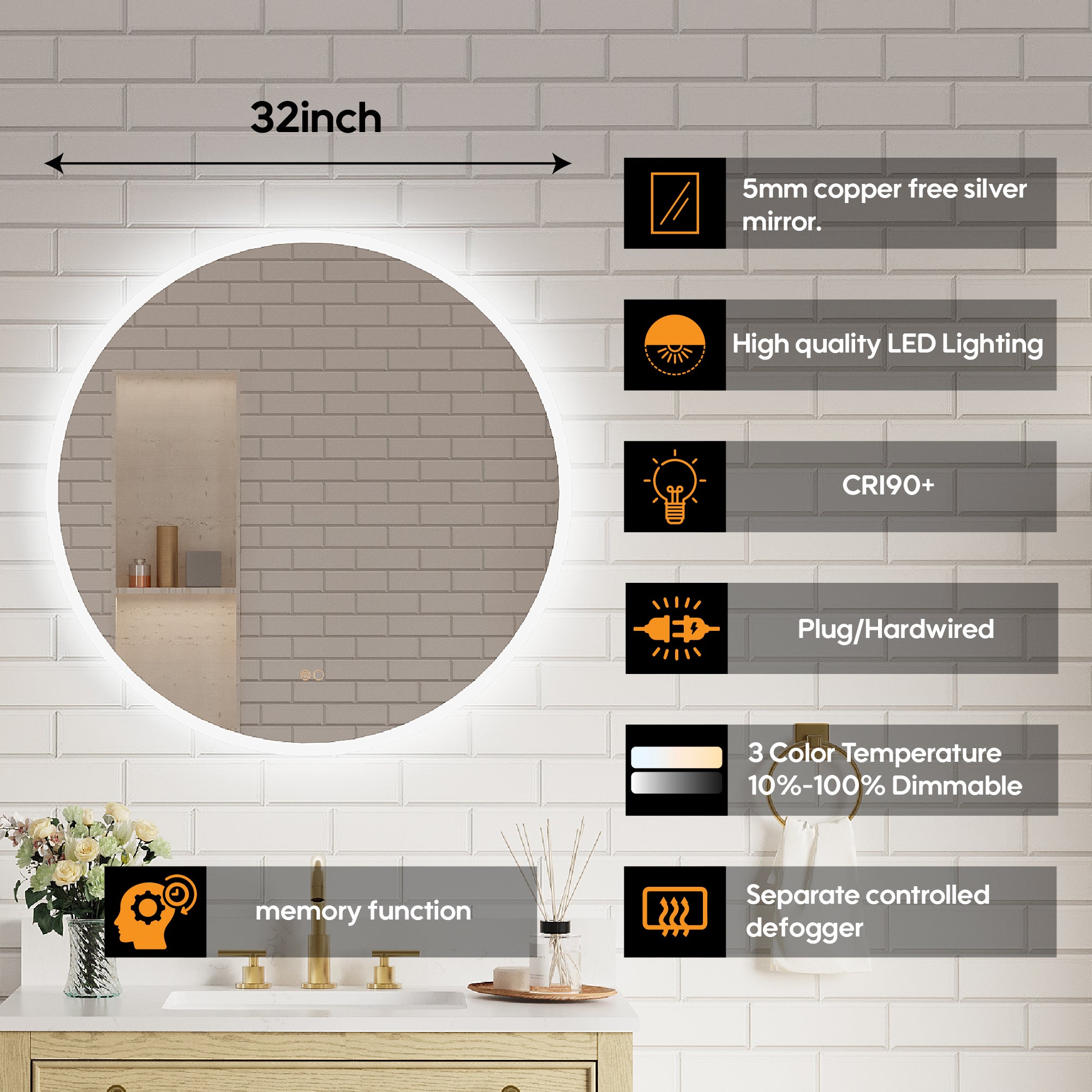 32" Round Frameless LED Bathroom Vanity Mirror, Dimmable & Anti-Fog, Frontlit & Backlit, Wall Mounted