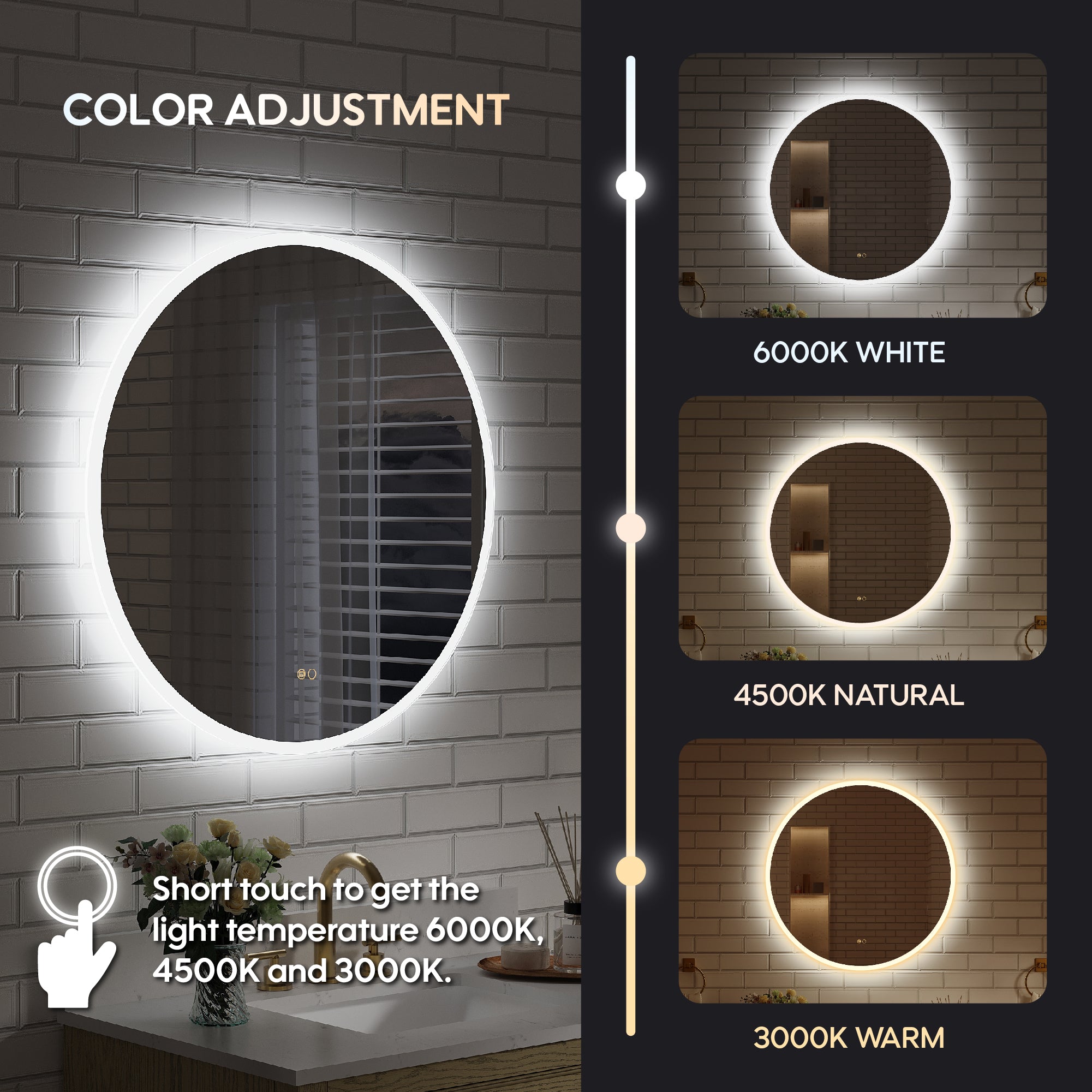 32" Round Frameless LED Bathroom Vanity Mirror, Dimmable & Anti-Fog, Frontlit & Backlit, Wall Mounted