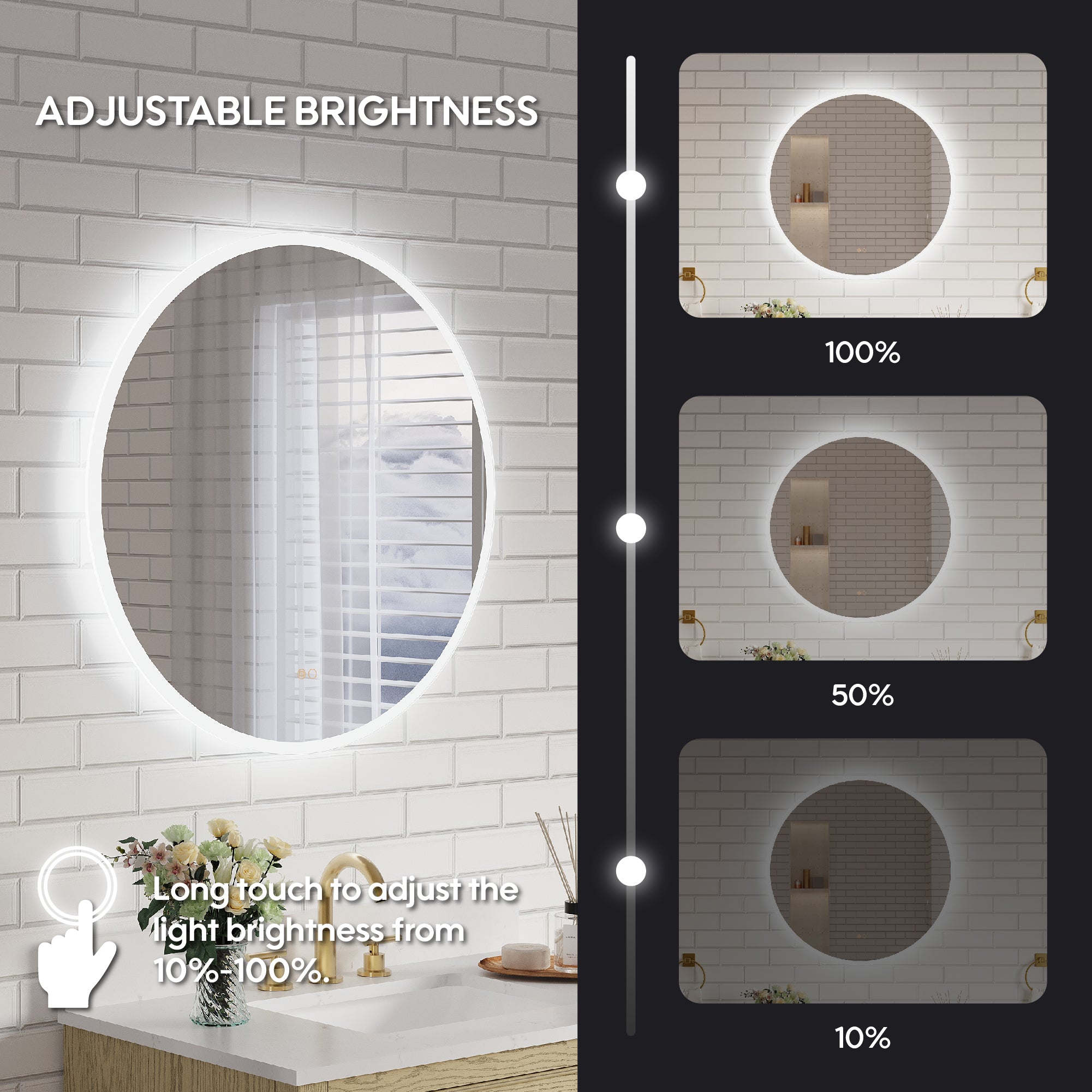32" Round Frameless LED Bathroom Vanity Mirror, Dimmable & Anti-Fog, Frontlit & Backlit, Wall Mounted