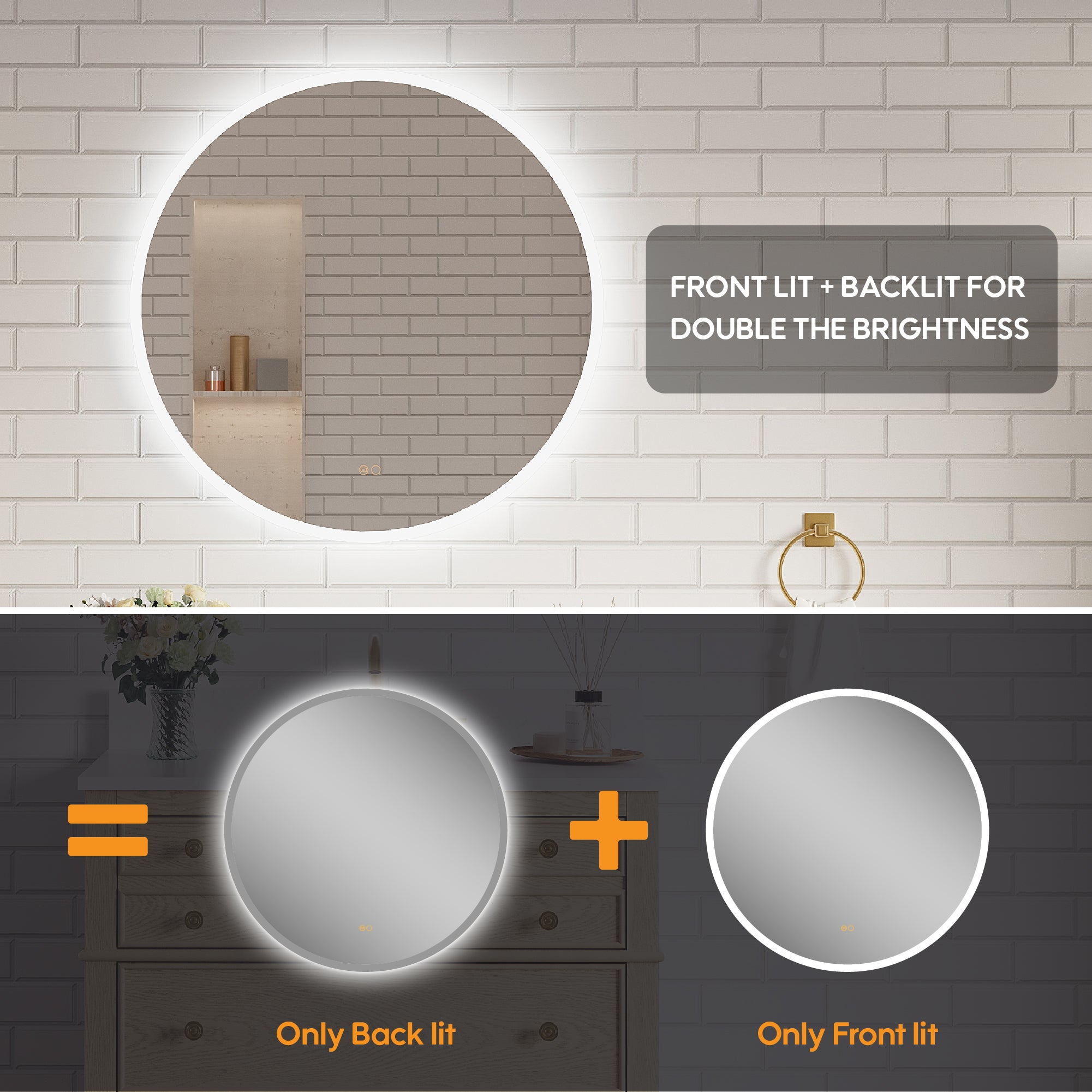 32" Round Frameless LED Bathroom Vanity Mirror, Dimmable & Anti-Fog, Frontlit & Backlit, Wall Mounted