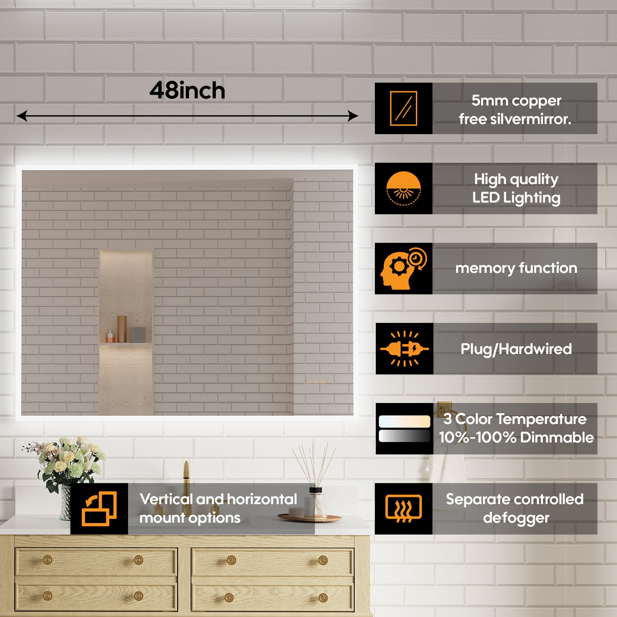 48 in. W x 36 in. H Frameless LED Frontlit & Backlit Bathroom Vanity Mirror, Dimmable & Anti-Fog, Wall Mounted