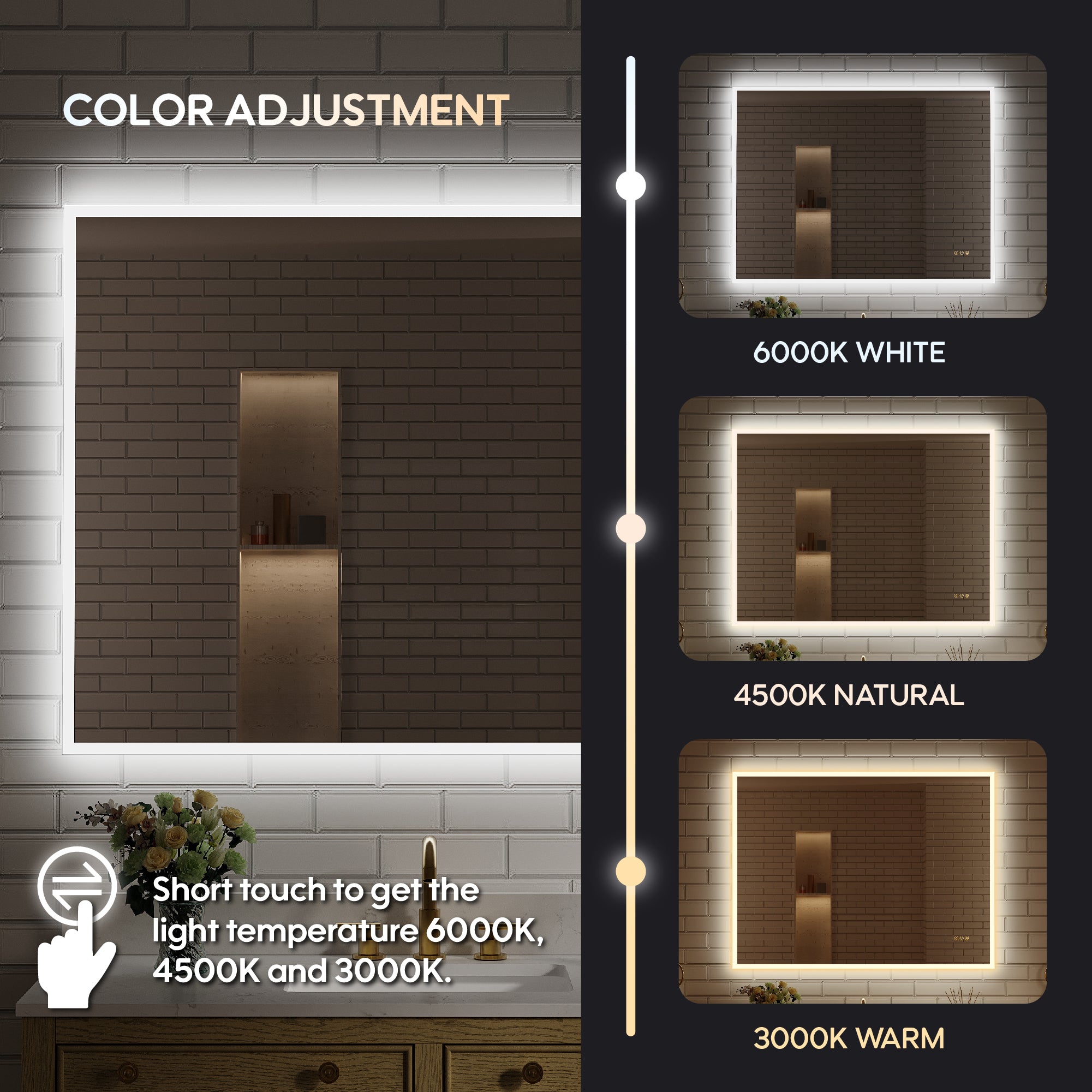 48 in. W x 36 in. H Frameless LED Frontlit & Backlit Bathroom Vanity Mirror, Dimmable & Anti-Fog, Wall Mounted