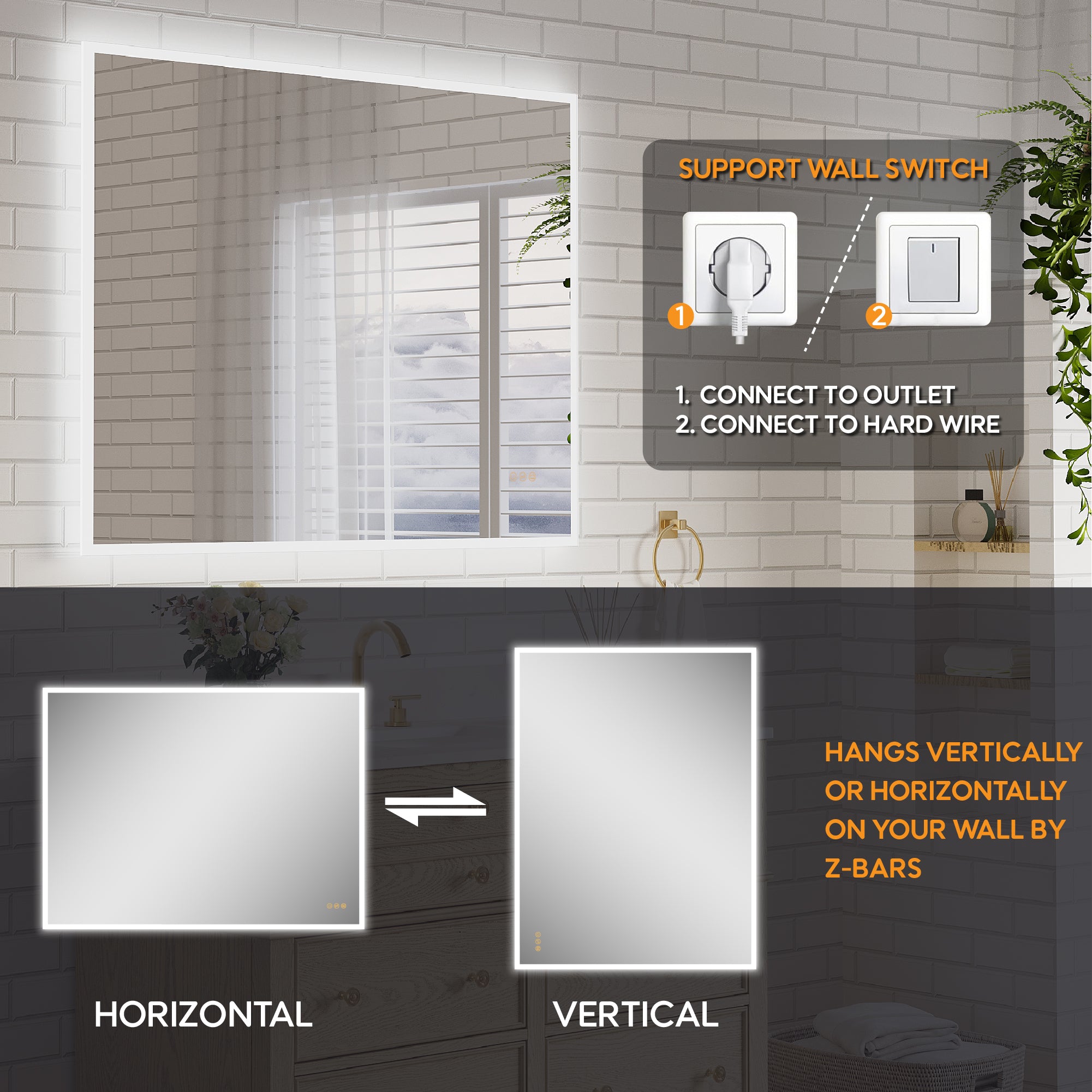 48 in. W x 36 in. H Frameless LED Frontlit & Backlit Bathroom Vanity Mirror, Dimmable & Anti-Fog, Wall Mounted